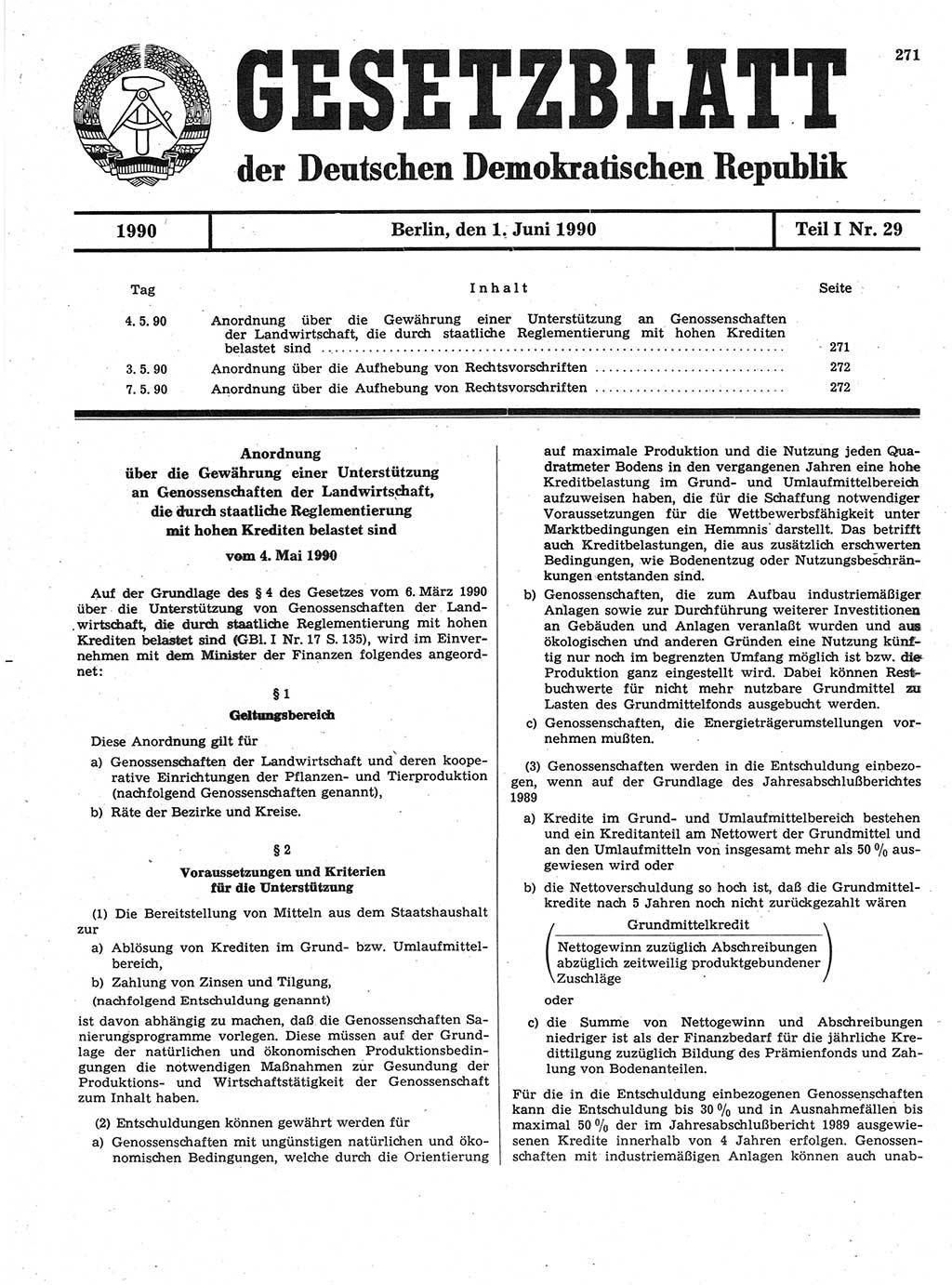 Gesetzblatt (GBl.) der Deutschen Demokratischen Republik (DDR) Teil Ⅰ 1990, Seite 271 (GBl. DDR Ⅰ 1990, S. 271)