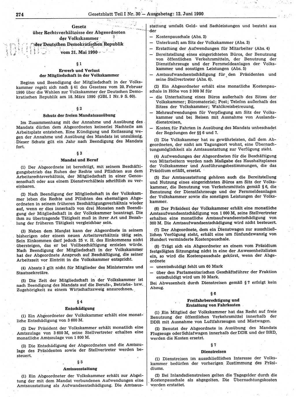 Gesetzblatt (GBl.) der Deutschen Demokratischen Republik (DDR) Teil Ⅰ 1990, Seite 274 (GBl. DDR Ⅰ 1990, S. 274)