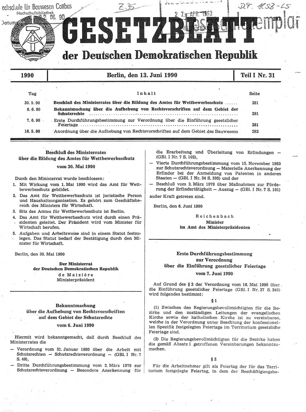 Gesetzblatt (GBl.) der Deutschen Demokratischen Republik (DDR) Teil Ⅰ 1990, Seite 281 (GBl. DDR Ⅰ 1990, S. 281)