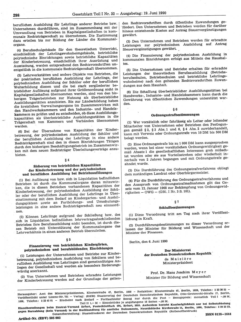 Gesetzblatt (GBl.) der Deutschen Demokratischen Republik (DDR) Teil Ⅰ 1990, Seite 298 (GBl. DDR Ⅰ 1990, S. 298)