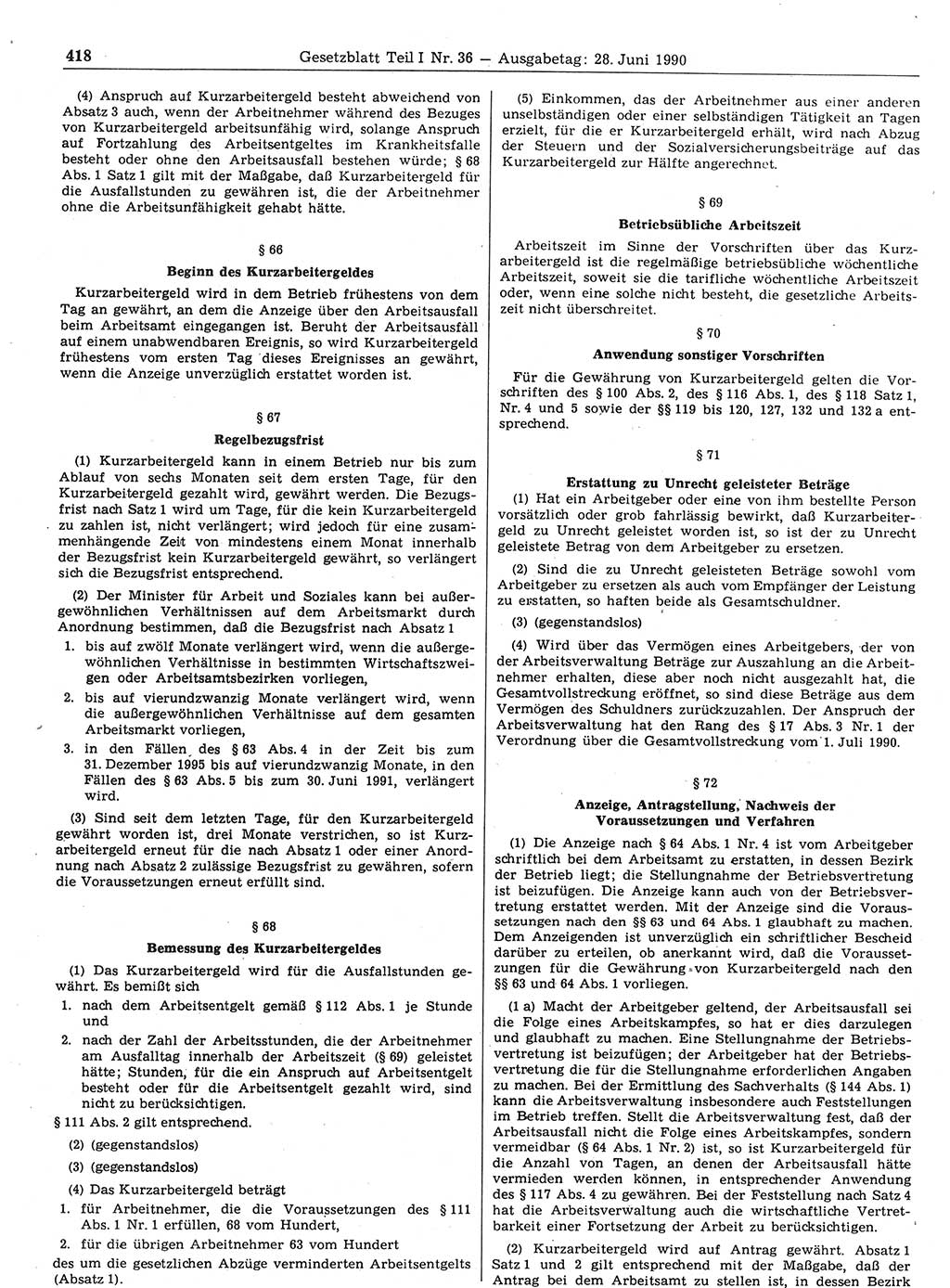 Gesetzblatt (GBl.) der Deutschen Demokratischen Republik (DDR) Teil Ⅰ 1990, Seite 418 (GBl. DDR Ⅰ 1990, S. 418)