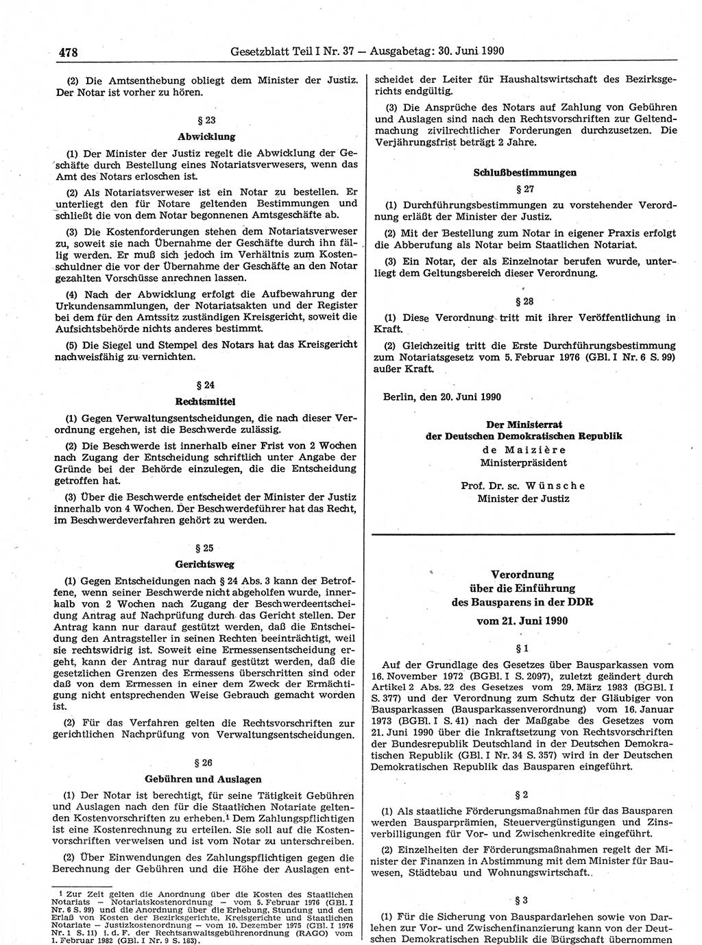 Gesetzblatt (GBl.) der Deutschen Demokratischen Republik (DDR) Teil Ⅰ 1990, Seite 478 (GBl. DDR Ⅰ 1990, S. 478)
