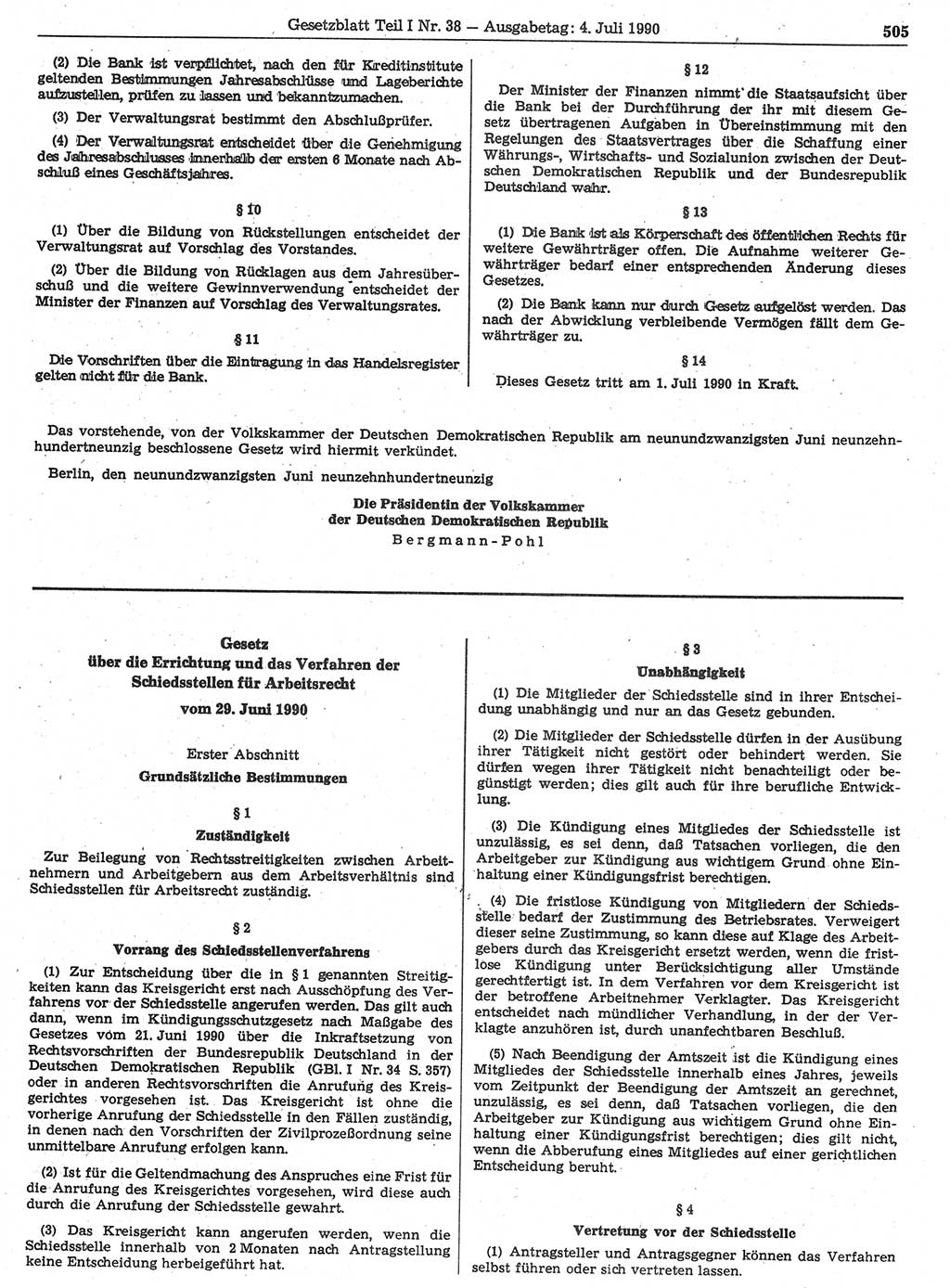 Gesetzblatt (GBl.) der Deutschen Demokratischen Republik (DDR) Teil Ⅰ 1990, Seite 505 (GBl. DDR Ⅰ 1990, S. 505)