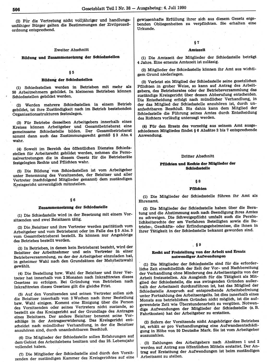 Gesetzblatt (GBl.) der Deutschen Demokratischen Republik (DDR) Teil Ⅰ 1990, Seite 506 (GBl. DDR Ⅰ 1990, S. 506)