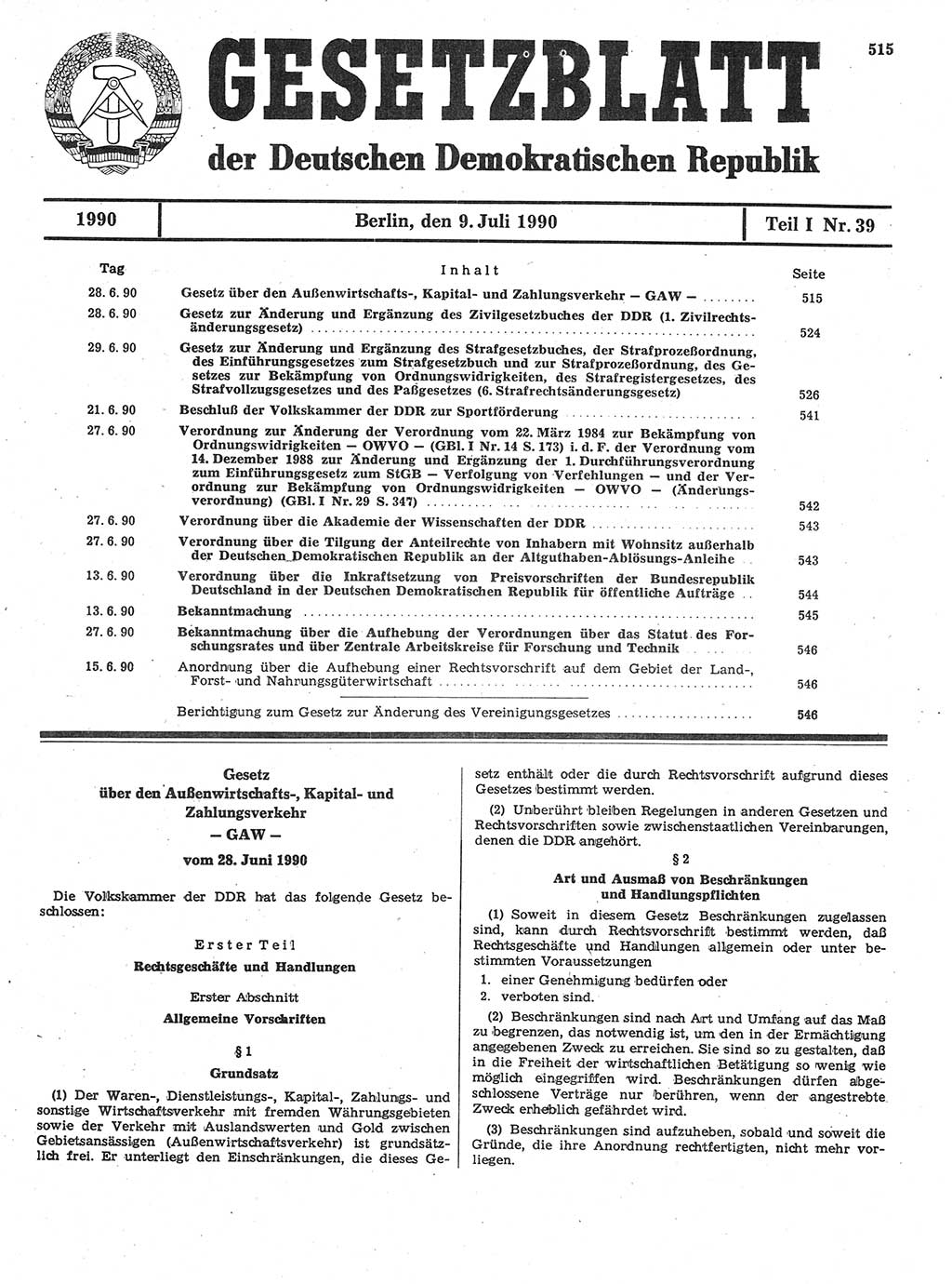 Gesetzblatt (GBl.) der Deutschen Demokratischen Republik (DDR) Teil Ⅰ 1990, Seite 515 (GBl. DDR Ⅰ 1990, S. 515)