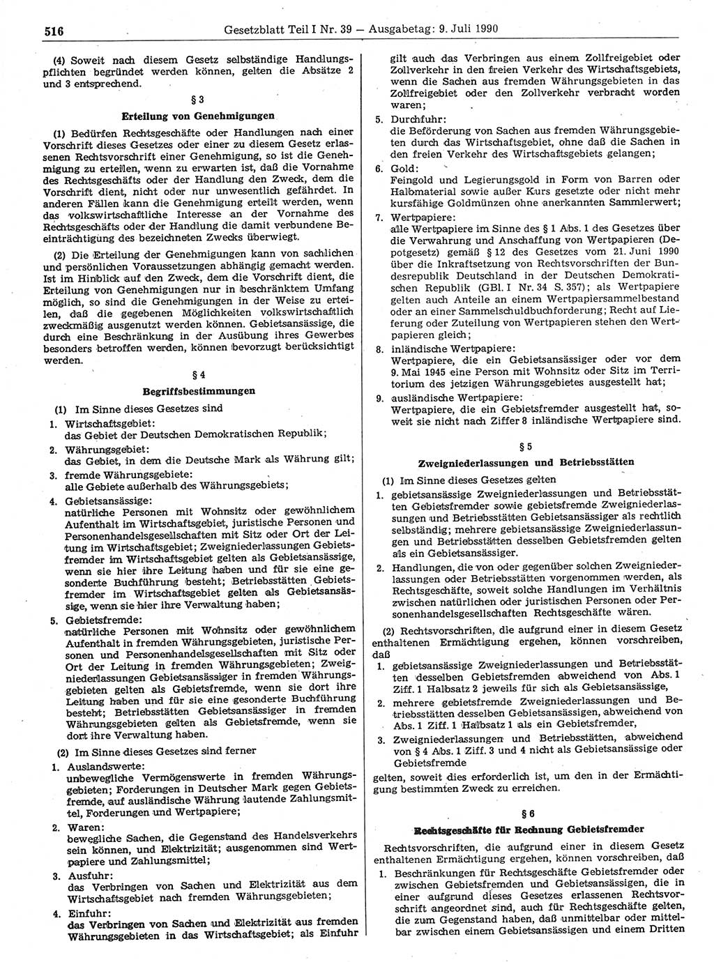 Gesetzblatt (GBl.) der Deutschen Demokratischen Republik (DDR) Teil Ⅰ 1990, Seite 516 (GBl. DDR Ⅰ 1990, S. 516)