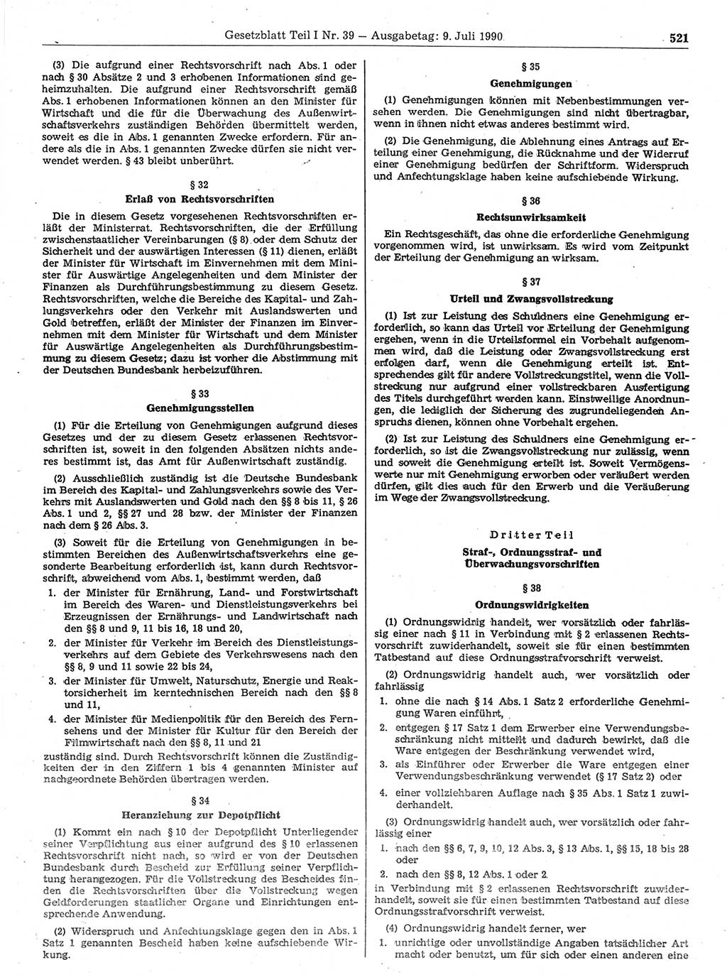 Gesetzblatt (GBl.) der Deutschen Demokratischen Republik (DDR) Teil Ⅰ 1990, Seite 521 (GBl. DDR Ⅰ 1990, S. 521)