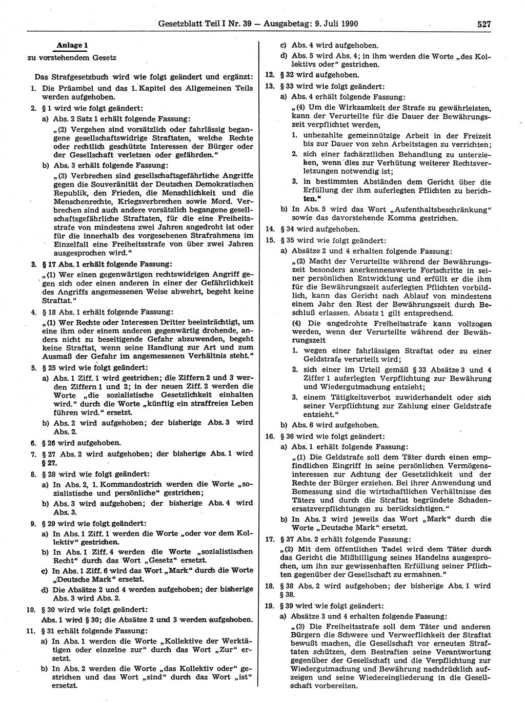 Gesetzblatt (GBl.) der Deutschen Demokratischen Republik (DDR) Teil Ⅰ 1990, Seite 527 (GBl. DDR Ⅰ 1990, S. 527)