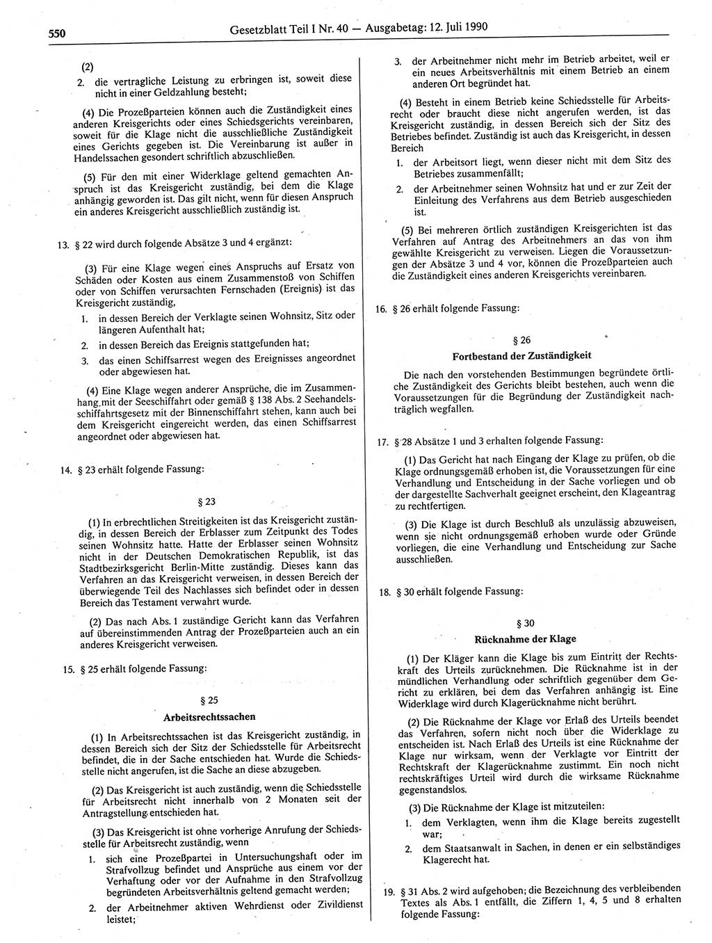 Gesetzblatt (GBl.) der Deutschen Demokratischen Republik (DDR) Teil Ⅰ 1990, Seite 550 (GBl. DDR Ⅰ 1990, S. 550)