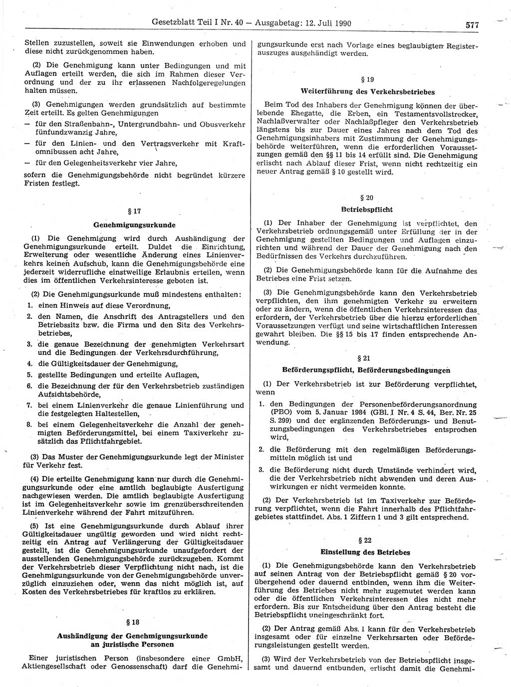 Gesetzblatt (GBl.) der Deutschen Demokratischen Republik (DDR) Teil Ⅰ 1990, Seite 577 (GBl. DDR Ⅰ 1990, S. 577)