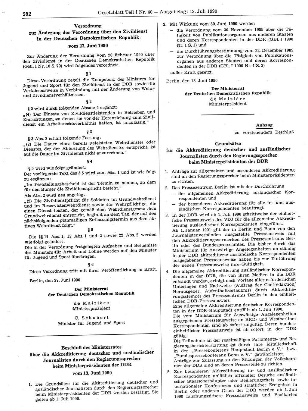 Gesetzblatt (GBl.) der Deutschen Demokratischen Republik (DDR) Teil Ⅰ 1990, Seite 592 (GBl. DDR Ⅰ 1990, S. 592)