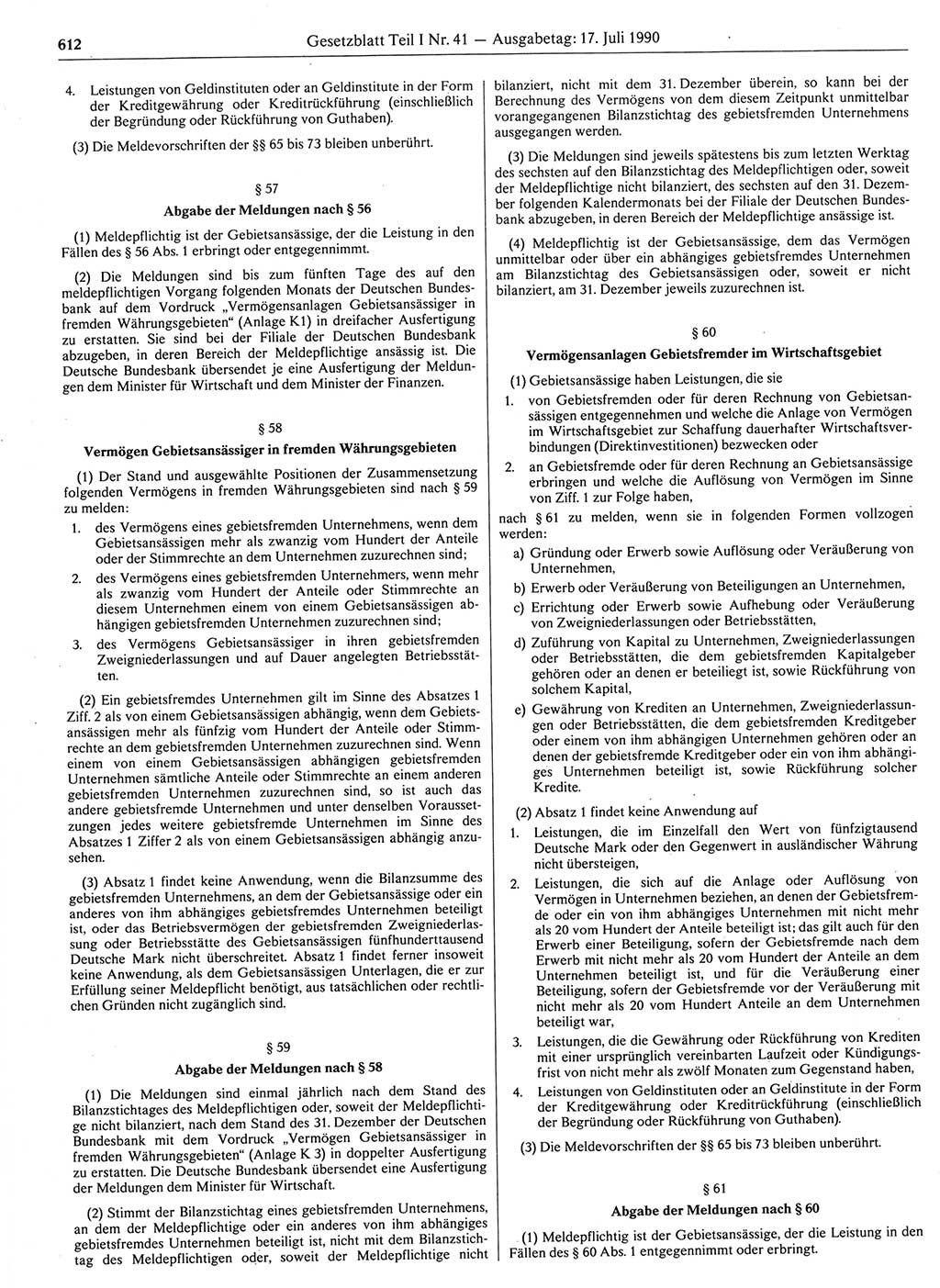 Gesetzblatt (GBl.) der Deutschen Demokratischen Republik (DDR) Teil Ⅰ 1990, Seite 612 (GBl. DDR Ⅰ 1990, S. 612)