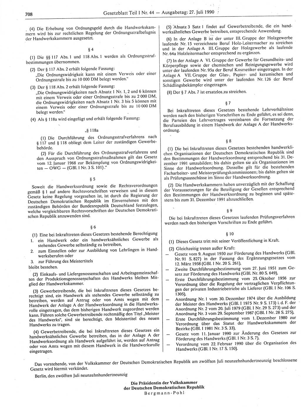 Gesetzblatt (GBl.) der Deutschen Demokratischen Republik (DDR) Teil Ⅰ 1990, Seite 708 (GBl. DDR Ⅰ 1990, S. 708)