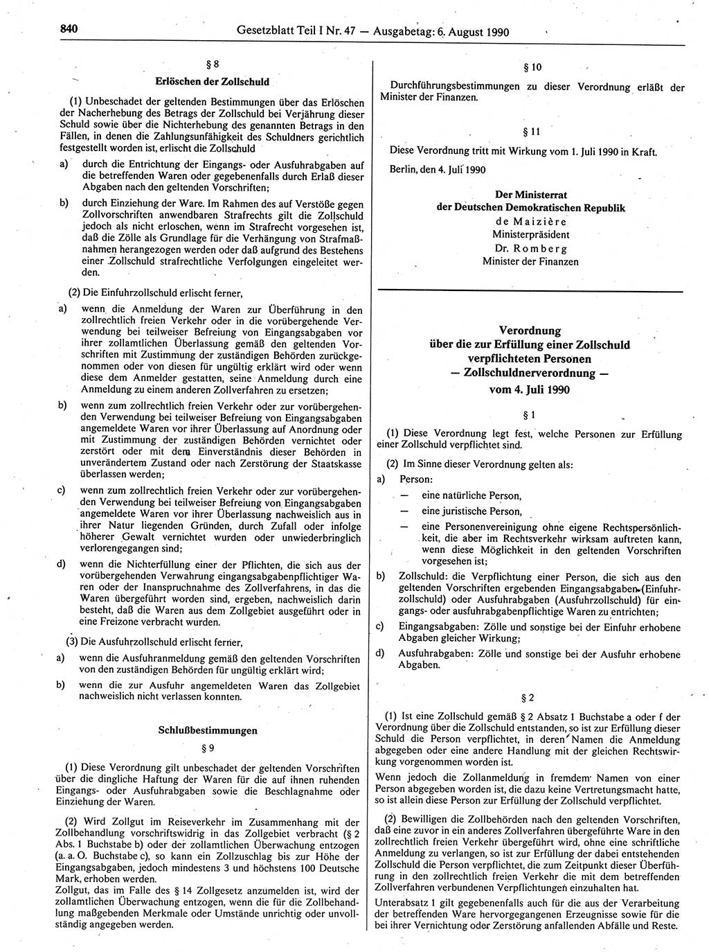 Gesetzblatt (GBl.) der Deutschen Demokratischen Republik (DDR) Teil Ⅰ 1990, Seite 840 (GBl. DDR Ⅰ 1990, S. 840)