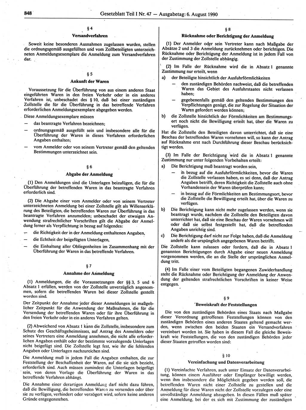 Gesetzblatt (GBl.) der Deutschen Demokratischen Republik (DDR) Teil Ⅰ 1990, Seite 848 (GBl. DDR Ⅰ 1990, S. 848)