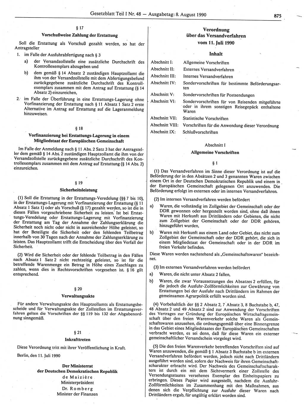 Gesetzblatt (GBl.) der Deutschen Demokratischen Republik (DDR) Teil Ⅰ 1990, Seite 875 (GBl. DDR Ⅰ 1990, S. 875)