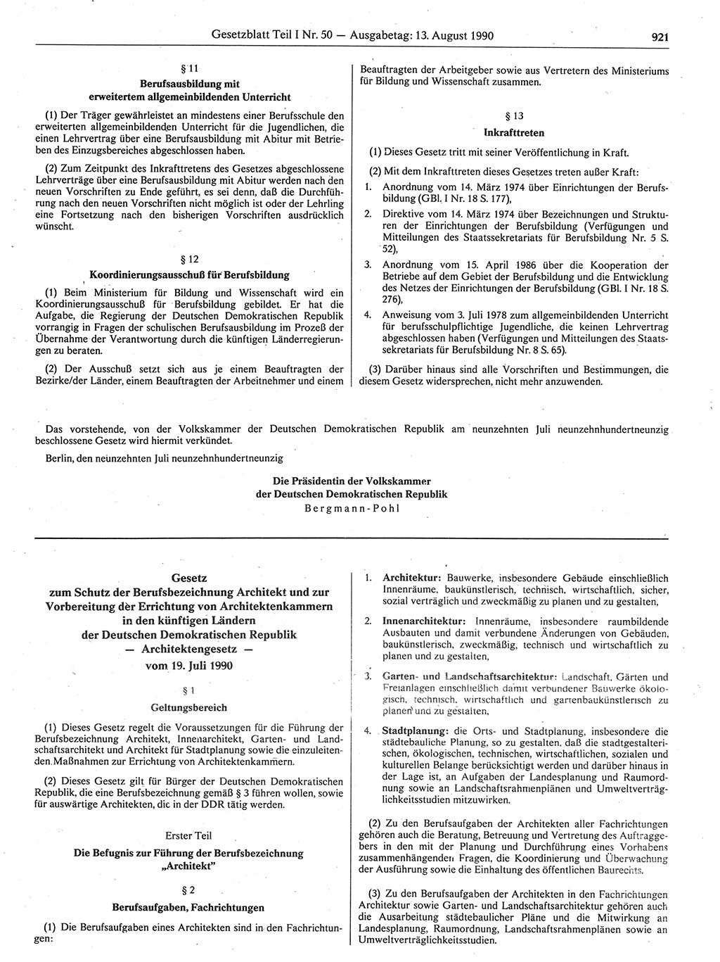 Gesetzblatt (GBl.) der Deutschen Demokratischen Republik (DDR) Teil Ⅰ 1990, Seite 921 (GBl. DDR Ⅰ 1990, S. 921)