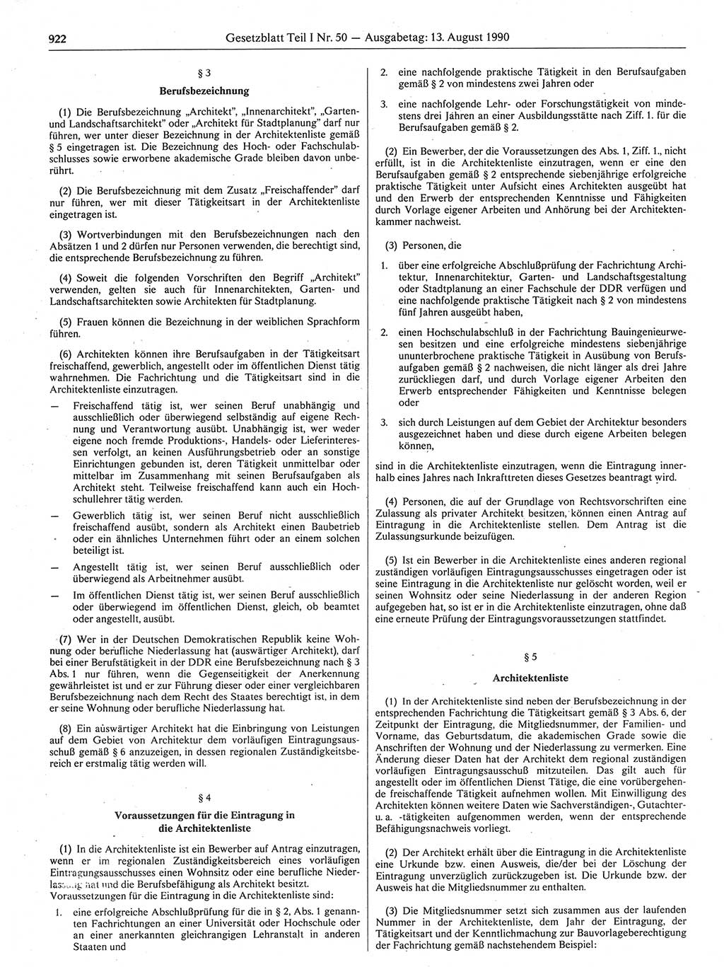 Gesetzblatt (GBl.) der Deutschen Demokratischen Republik (DDR) Teil Ⅰ 1990, Seite 922 (GBl. DDR Ⅰ 1990, S. 922)