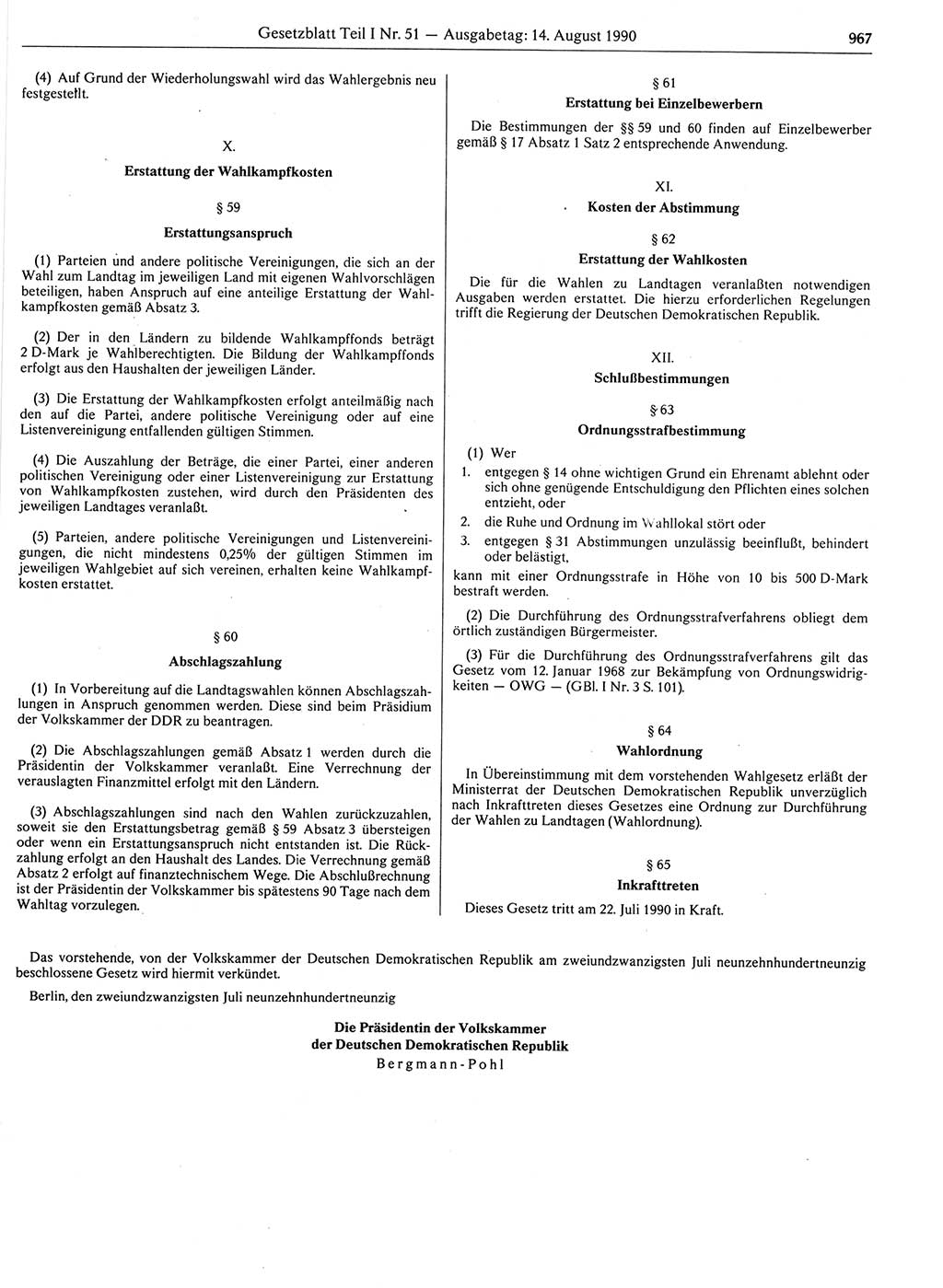 Gesetzblatt (GBl.) der Deutschen Demokratischen Republik (DDR) Teil Ⅰ 1990, Seite 967 (GBl. DDR Ⅰ 1990, S. 967)