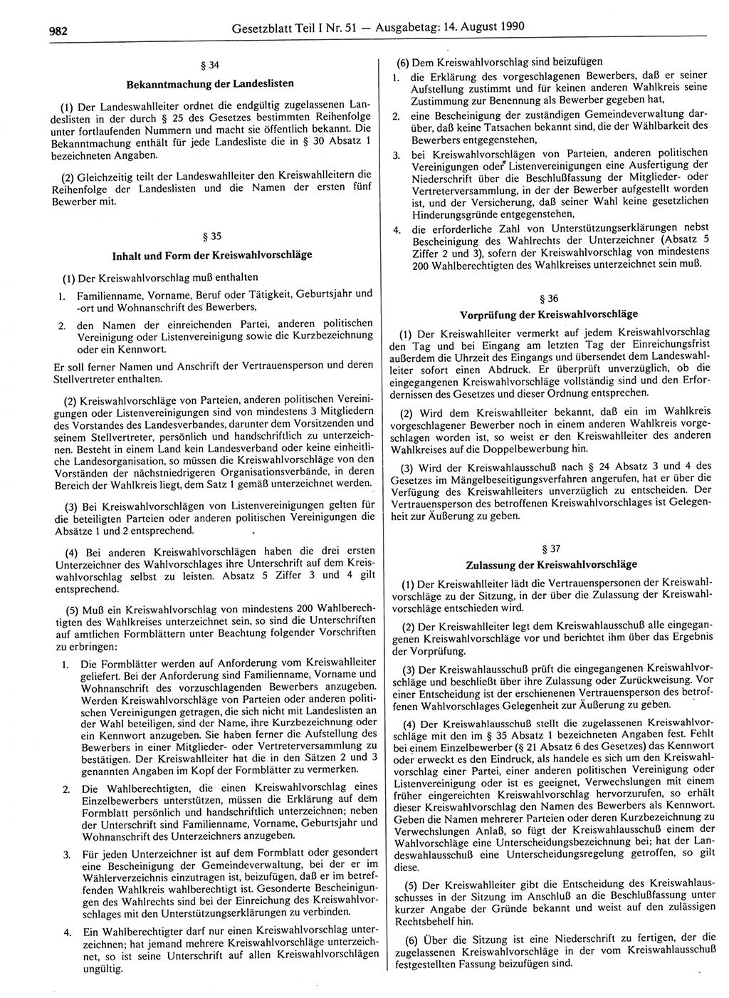 Gesetzblatt (GBl.) der Deutschen Demokratischen Republik (DDR) Teil Ⅰ 1990, Seite 982 (GBl. DDR Ⅰ 1990, S. 982)