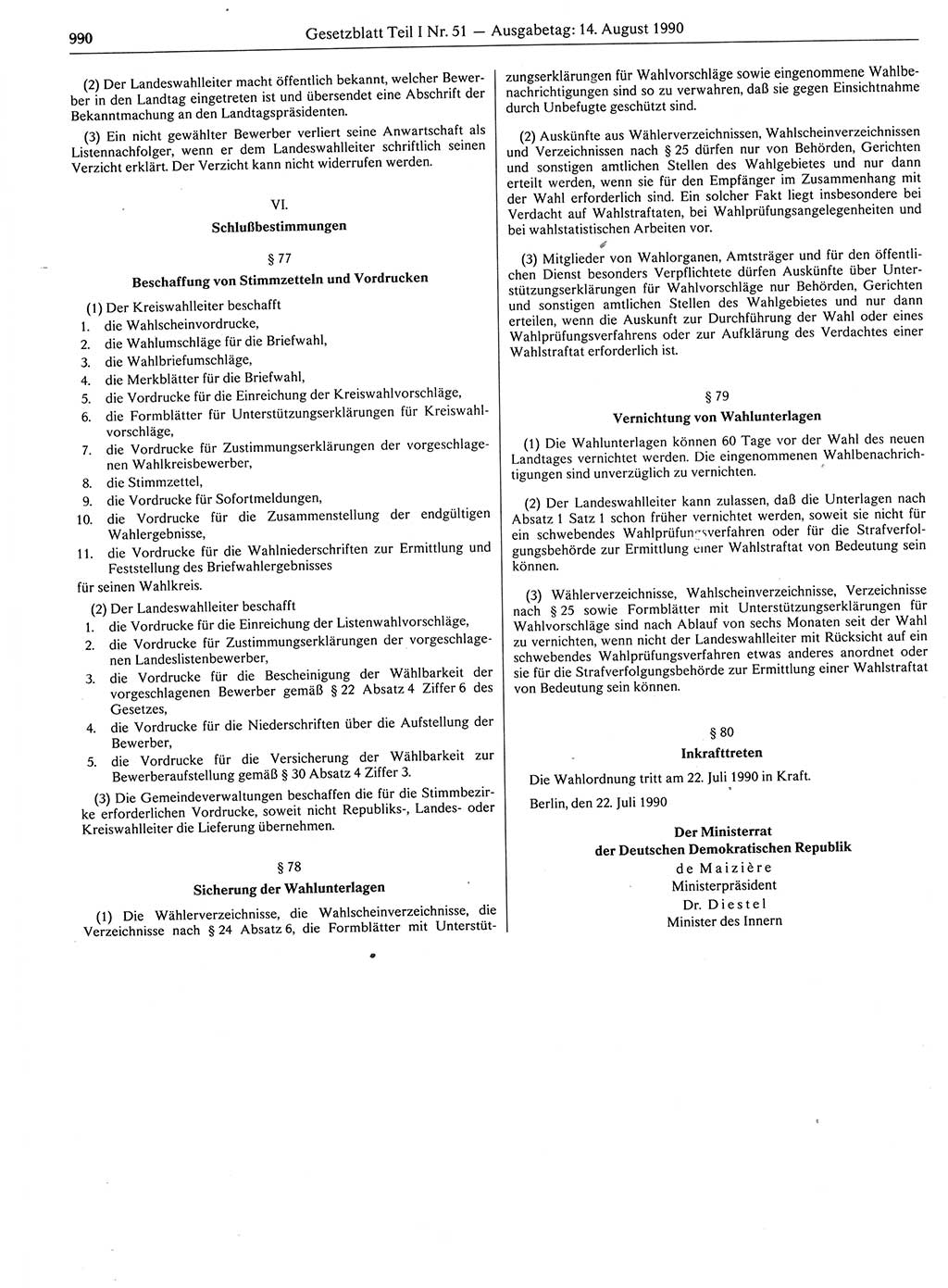 Gesetzblatt (GBl.) der Deutschen Demokratischen Republik (DDR) Teil Ⅰ 1990, Seite 990 (GBl. DDR Ⅰ 1990, S. 990)