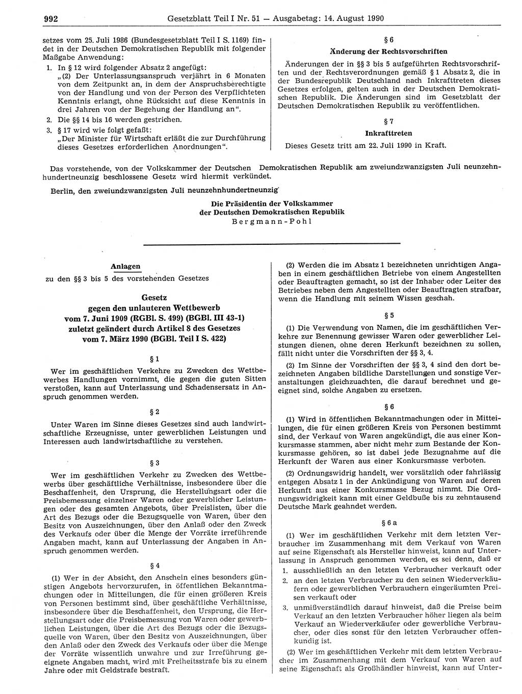 Gesetzblatt (GBl.) der Deutschen Demokratischen Republik (DDR) Teil Ⅰ 1990, Seite 992 (GBl. DDR Ⅰ 1990, S. 992)