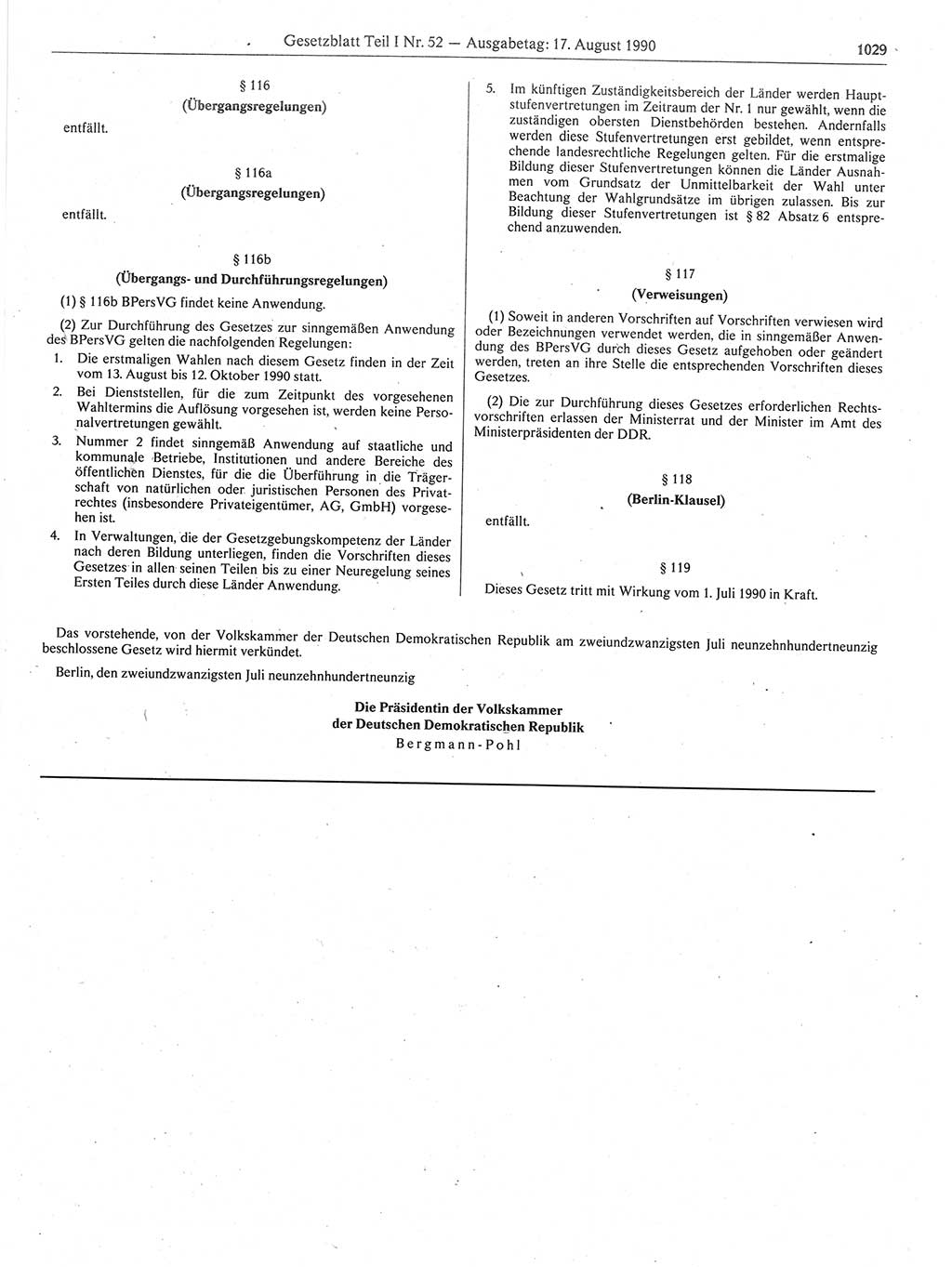 Gesetzblatt (GBl.) der Deutschen Demokratischen Republik (DDR) Teil Ⅰ 1990, Seite 1029 (GBl. DDR Ⅰ 1990, S. 1029)