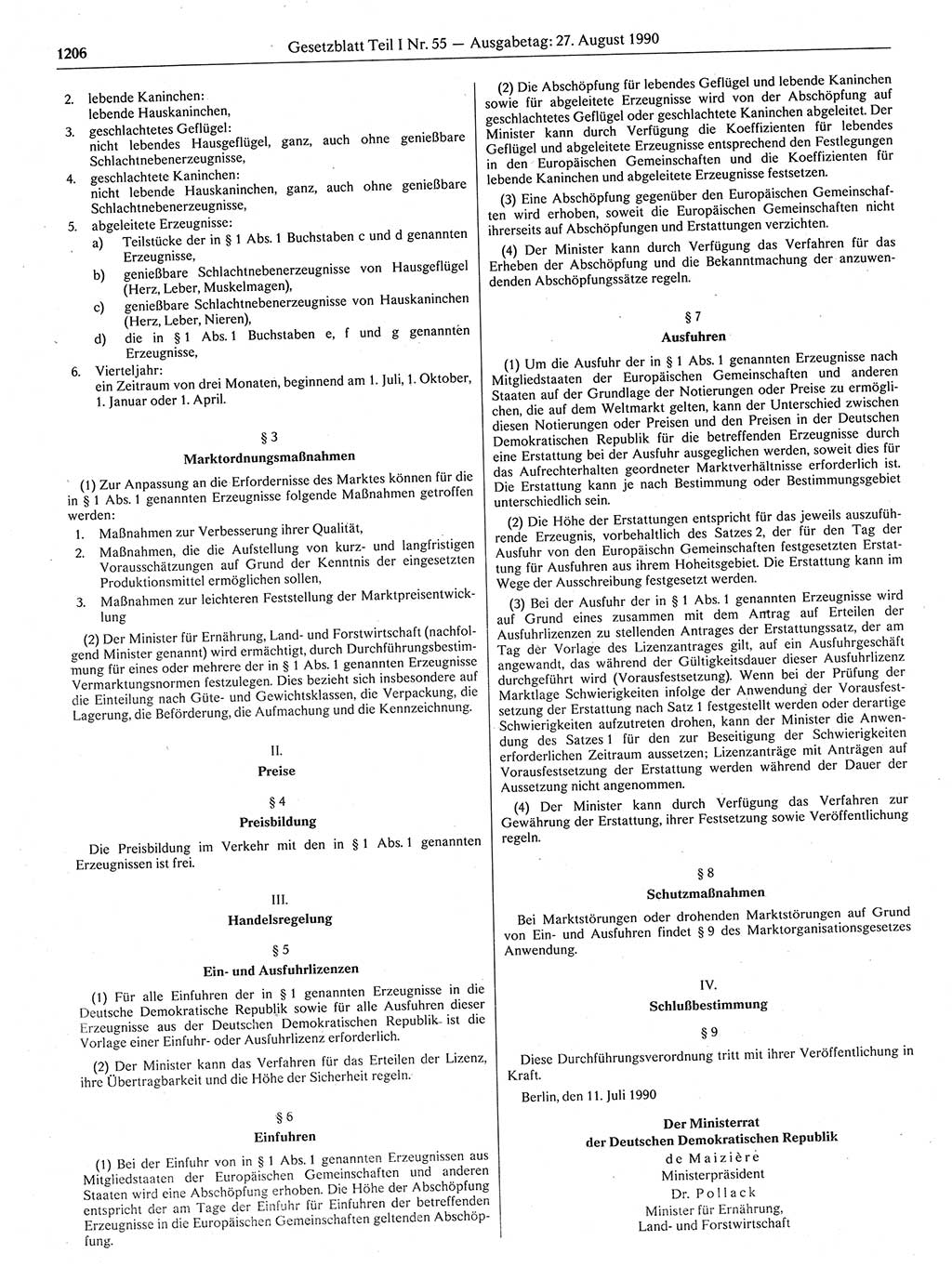 Gesetzblatt (GBl.) der Deutschen Demokratischen Republik (DDR) Teil Ⅰ 1990, Seite 1206 (GBl. DDR Ⅰ 1990, S. 1206)