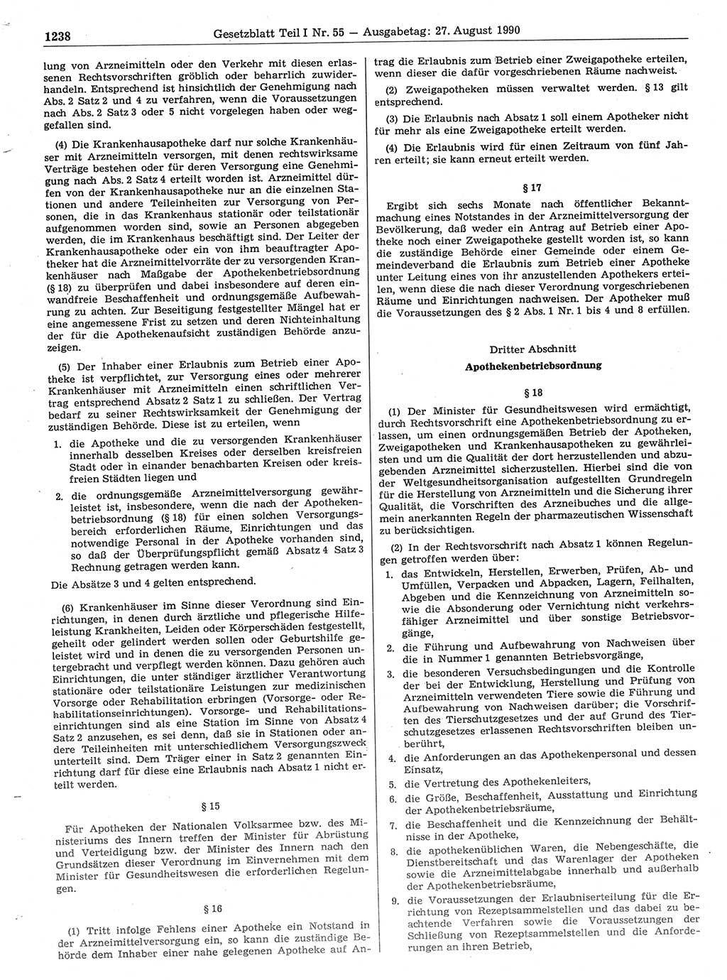 Gesetzblatt (GBl.) der Deutschen Demokratischen Republik (DDR) Teil Ⅰ 1990, Seite 1238 (GBl. DDR Ⅰ 1990, S. 1238)