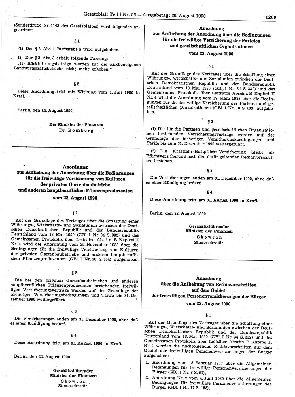 Gesetzblatt (GBl.) der Deutschen Demokratischen Republik (DDR) Teil Ⅰ 1990, Seite 1269 (GBl. DDR Ⅰ 1990, S. 1269)