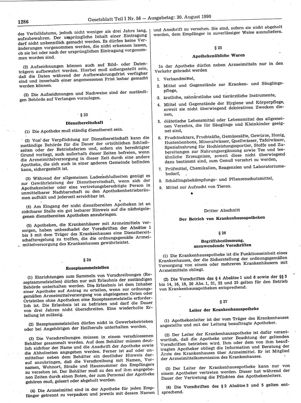 Gesetzblatt (GBl.) der Deutschen Demokratischen Republik (DDR) Teil Ⅰ 1990, Seite 1286 (GBl. DDR Ⅰ 1990, S. 1286)