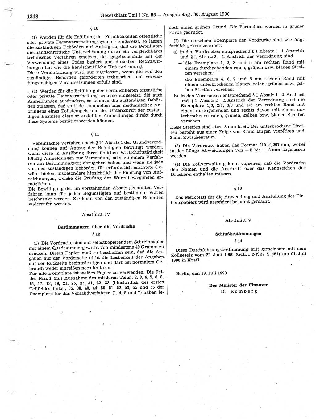 Gesetzblatt (GBl.) der Deutschen Demokratischen Republik (DDR) Teil Ⅰ 1990, Seite 1318 (GBl. DDR Ⅰ 1990, S. 1318)