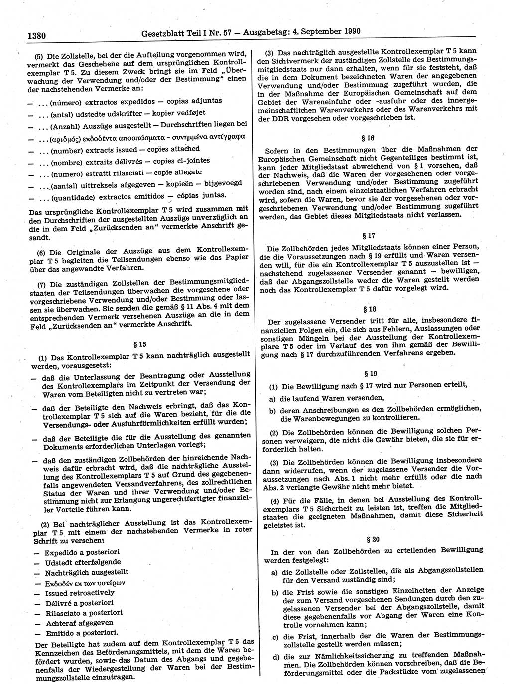 Gesetzblatt (GBl.) der Deutschen Demokratischen Republik (DDR) Teil Ⅰ 1990, Seite 1380 (GBl. DDR Ⅰ 1990, S. 1380)