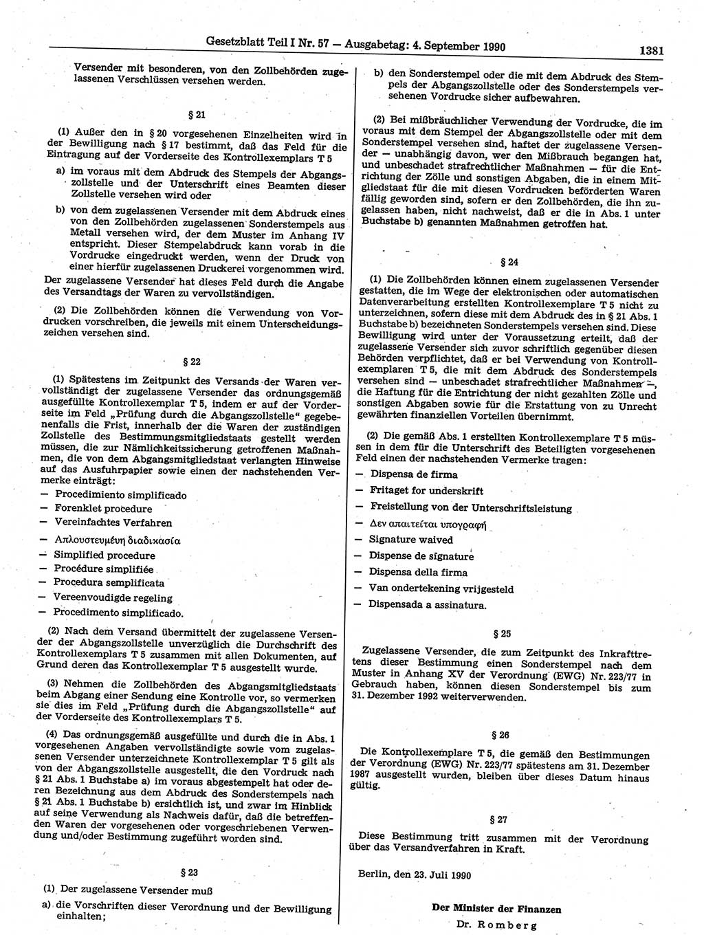 Gesetzblatt (GBl.) der Deutschen Demokratischen Republik (DDR) Teil Ⅰ 1990, Seite 1381 (GBl. DDR Ⅰ 1990, S. 1381)