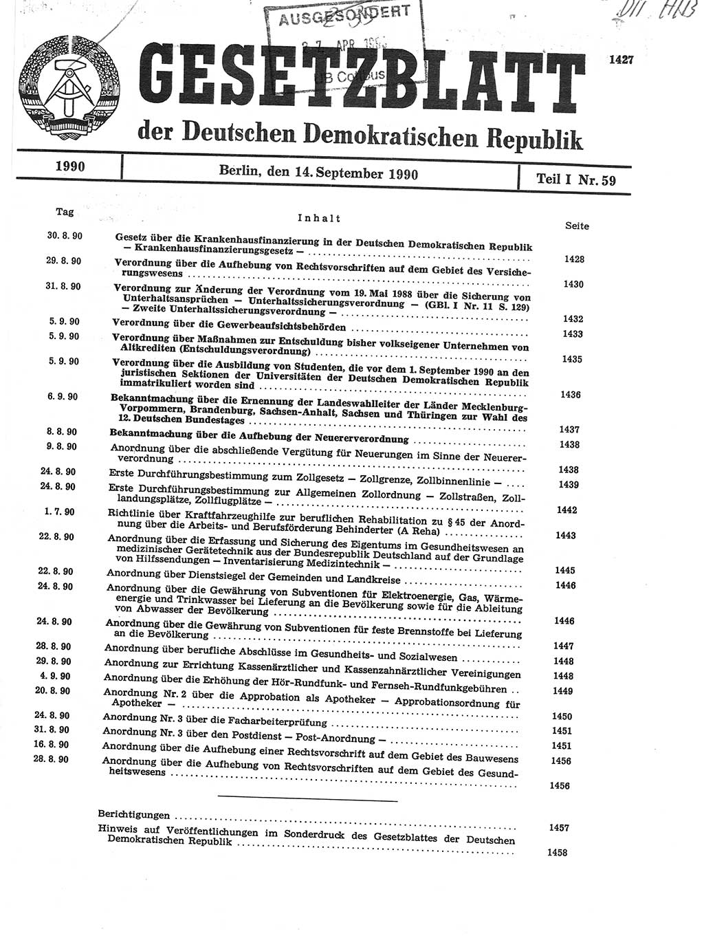 Gesetzblatt (GBl.) der Deutschen Demokratischen Republik (DDR) Teil Ⅰ 1990, Seite 1427 (GBl. DDR Ⅰ 1990, S. 1427)