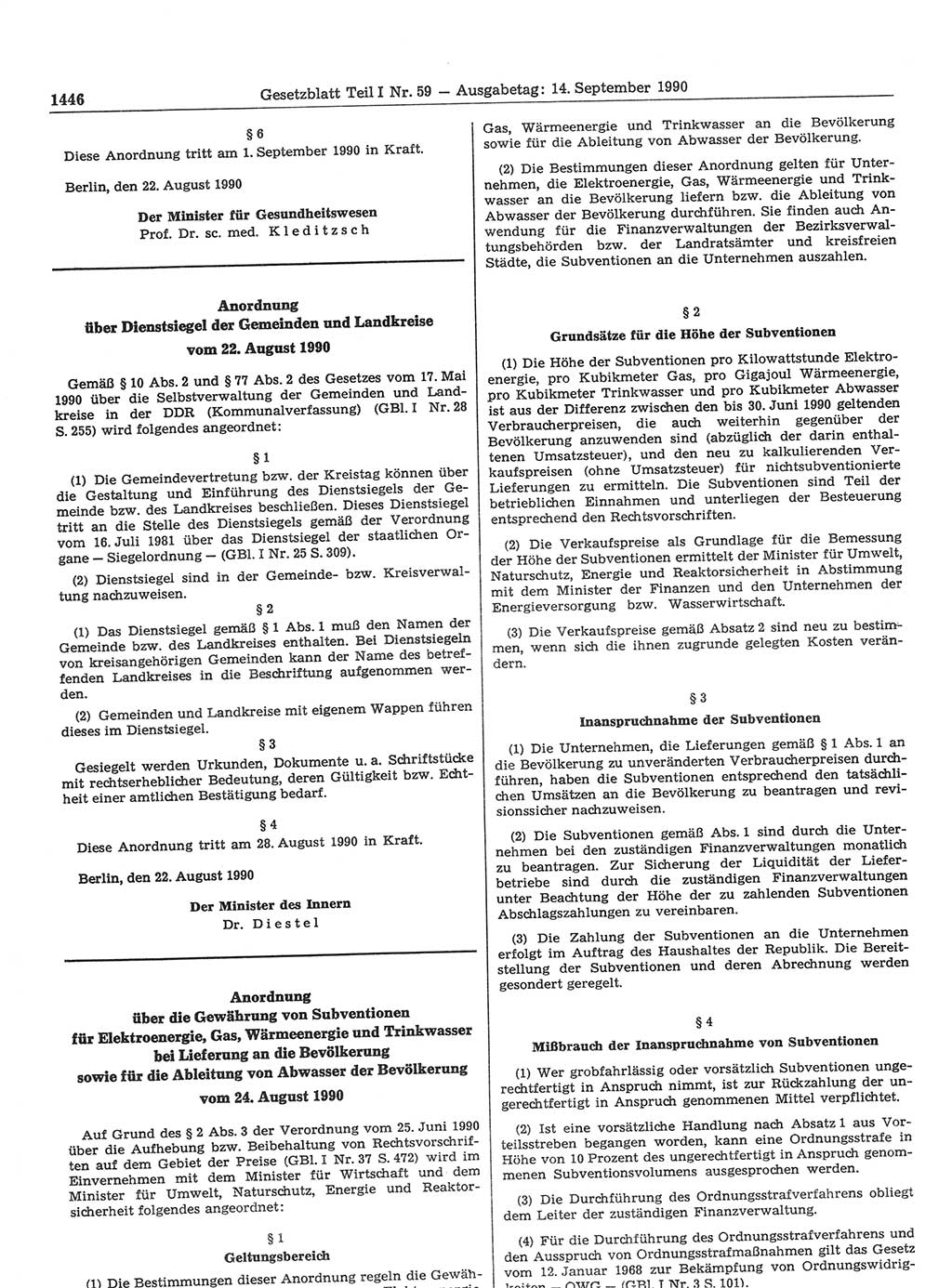 Gesetzblatt (GBl.) der Deutschen Demokratischen Republik (DDR) Teil Ⅰ 1990, Seite 1446 (GBl. DDR Ⅰ 1990, S. 1446)