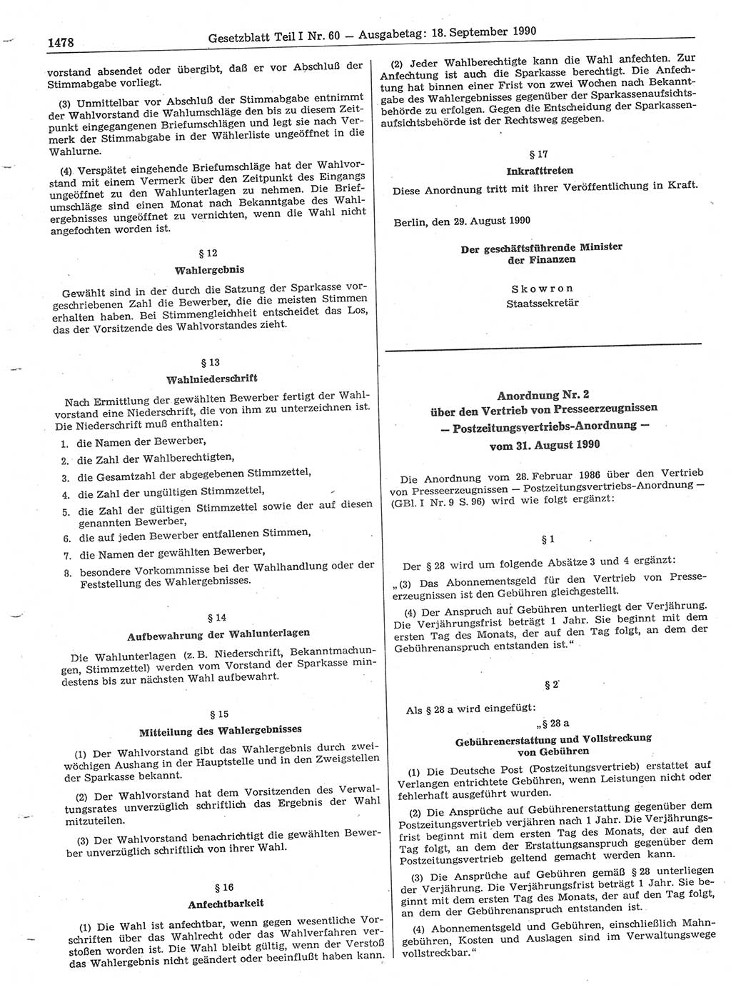 Gesetzblatt (GBl.) der Deutschen Demokratischen Republik (DDR) Teil Ⅰ 1990, Seite 1478 (GBl. DDR Ⅰ 1990, S. 1478)