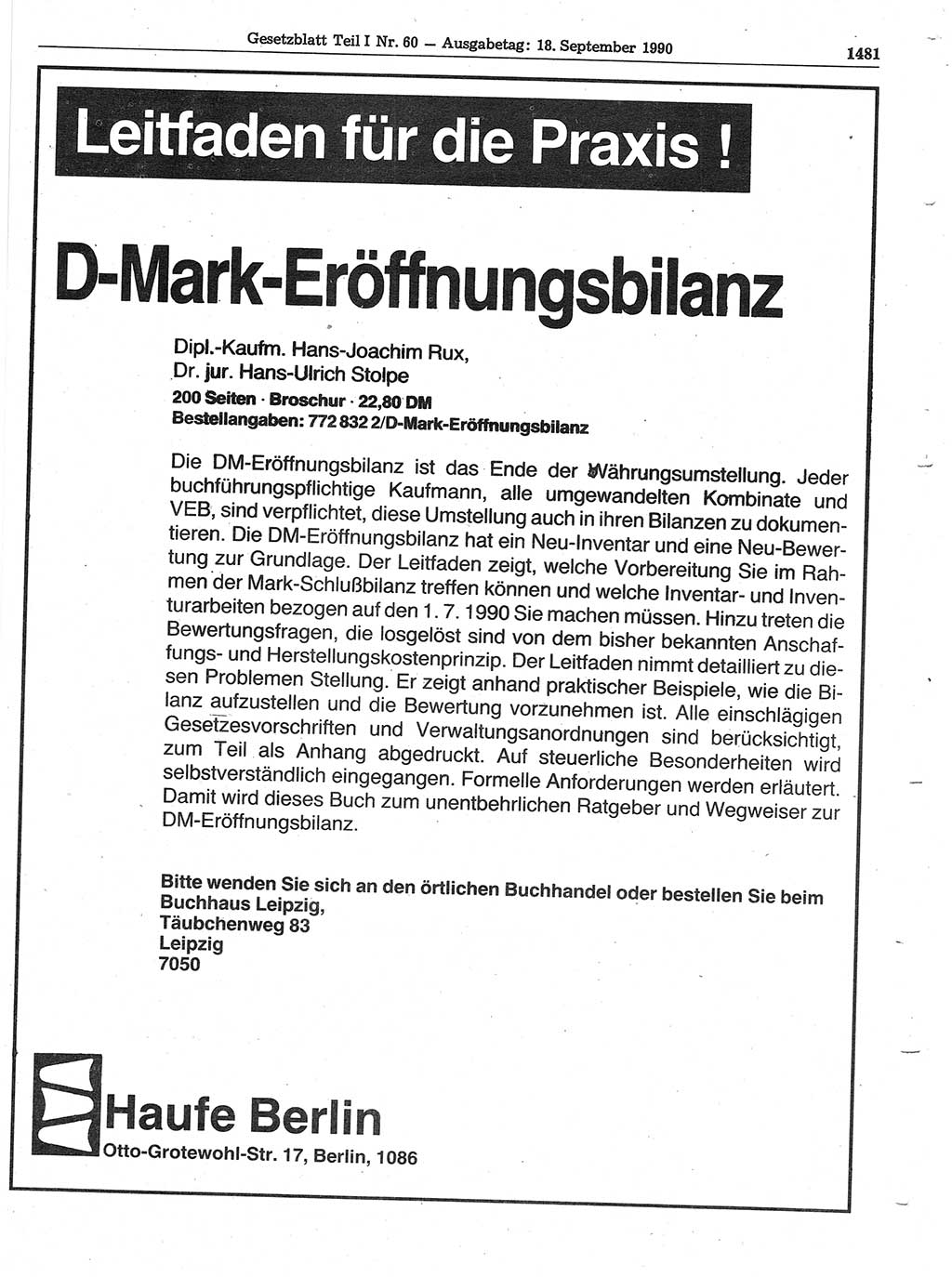 Gesetzblatt (GBl.) der Deutschen Demokratischen Republik (DDR) Teil Ⅰ 1990, Seite 1481 (GBl. DDR Ⅰ 1990, S. 1481)