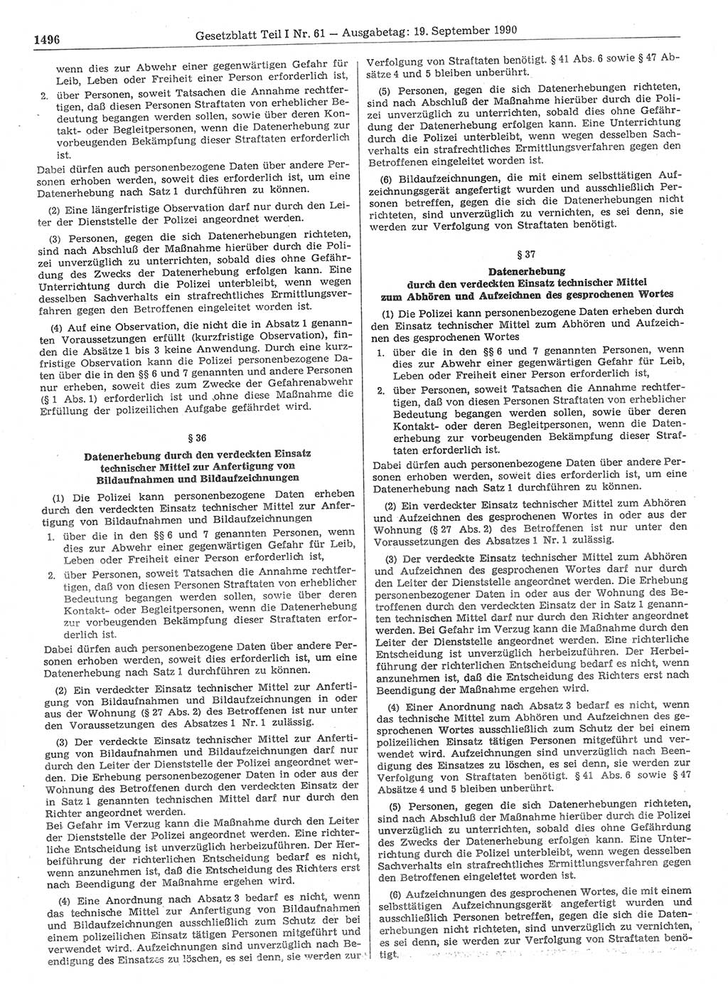 Gesetzblatt (GBl.) der Deutschen Demokratischen Republik (DDR) Teil Ⅰ 1990, Seite 1496 (GBl. DDR Ⅰ 1990, S. 1496)