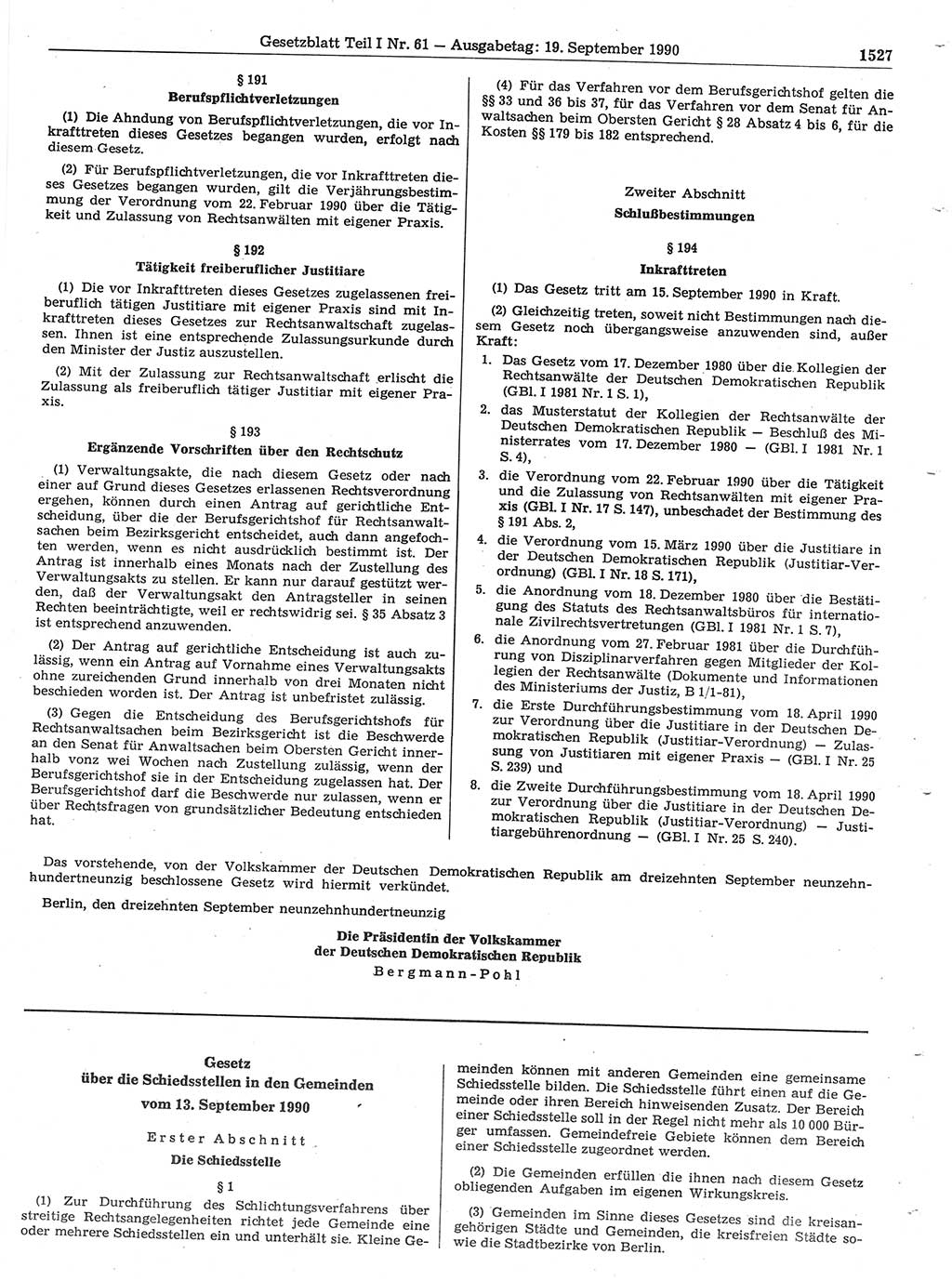 Gesetzblatt (GBl.) der Deutschen Demokratischen Republik (DDR) Teil Ⅰ 1990, Seite 1527 (GBl. DDR Ⅰ 1990, S. 1527)