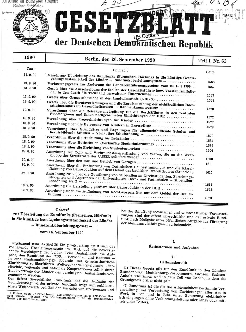 Gesetzblatt (GBl.) der Deutschen Demokratischen Republik (DDR) Teil Ⅰ 1990, Seite 1563 (GBl. DDR Ⅰ 1990, S. 1563)