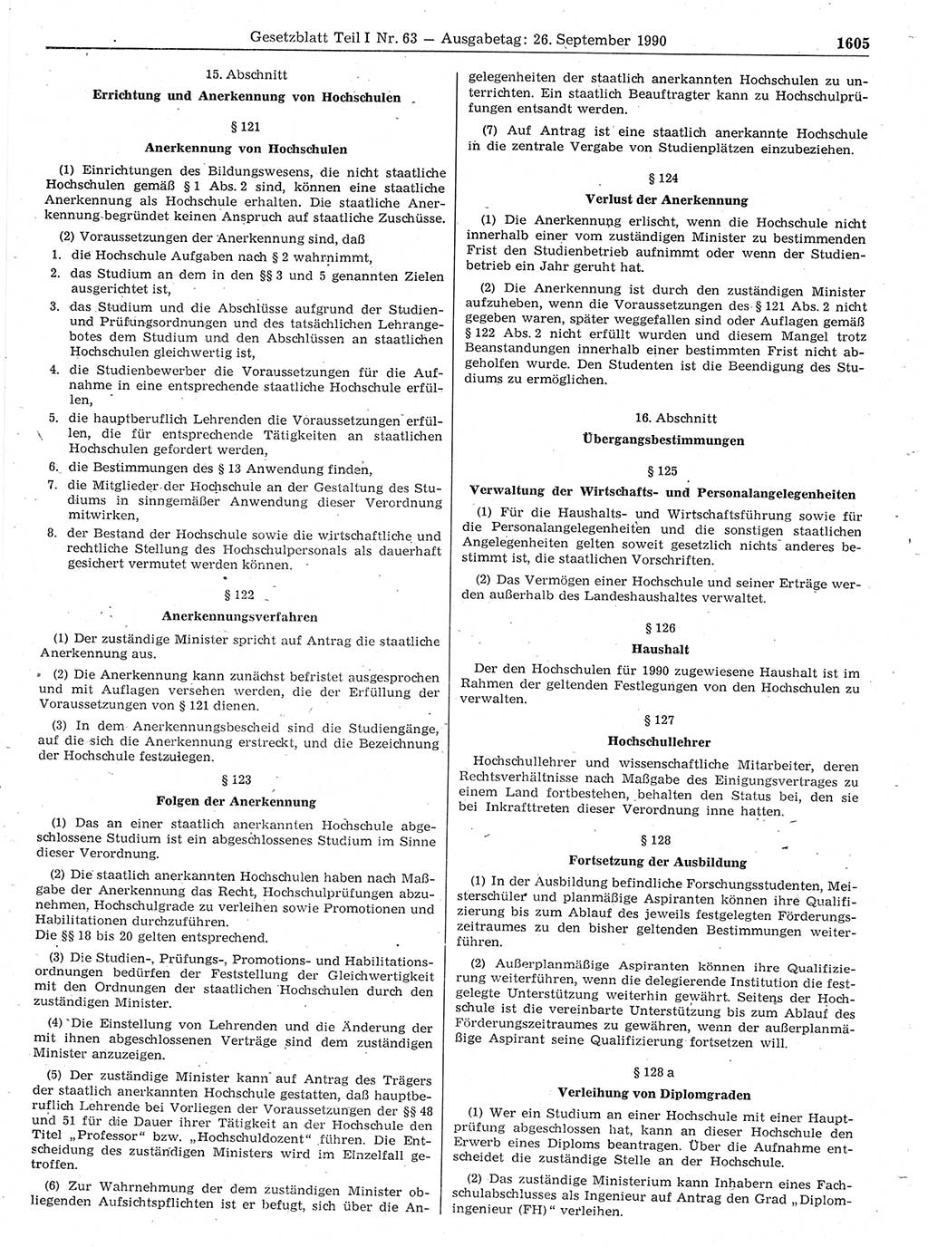Gesetzblatt (GBl.) der Deutschen Demokratischen Republik (DDR) Teil Ⅰ 1990, Seite 1605 (GBl. DDR Ⅰ 1990, S. 1605)