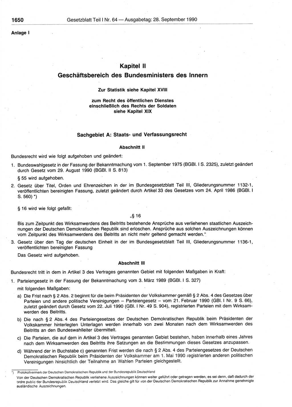 Gesetzblatt (GBl.) der Deutschen Demokratischen Republik (DDR) Teil Ⅰ 1990, Seite 1650 (GBl. DDR Ⅰ 1990, S. 1650)