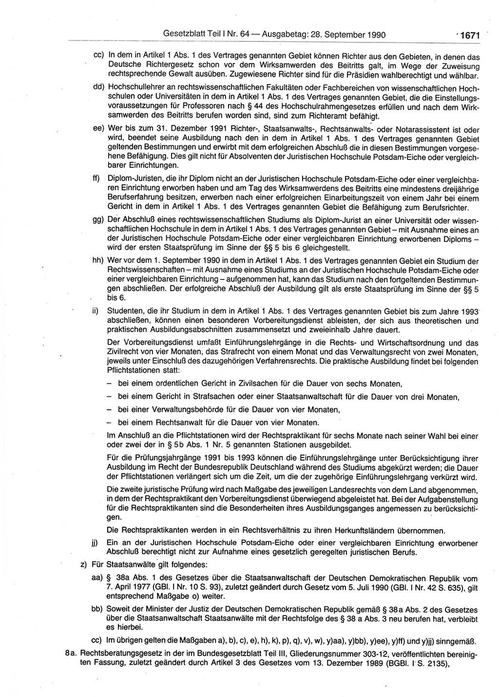 Gesetzblatt (GBl.) der Deutschen Demokratischen Republik (DDR) Teil Ⅰ 1990, Seite 1671 (GBl. DDR Ⅰ 1990, S. 1671)