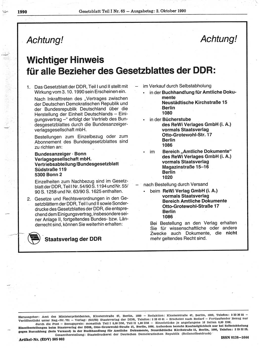 Gesetzblatt (GBl.) der Deutschen Demokratischen Republik (DDR) Teil Ⅰ 1990, Seite 1990 (GBl. DDR Ⅰ 1990, S. 1990)
