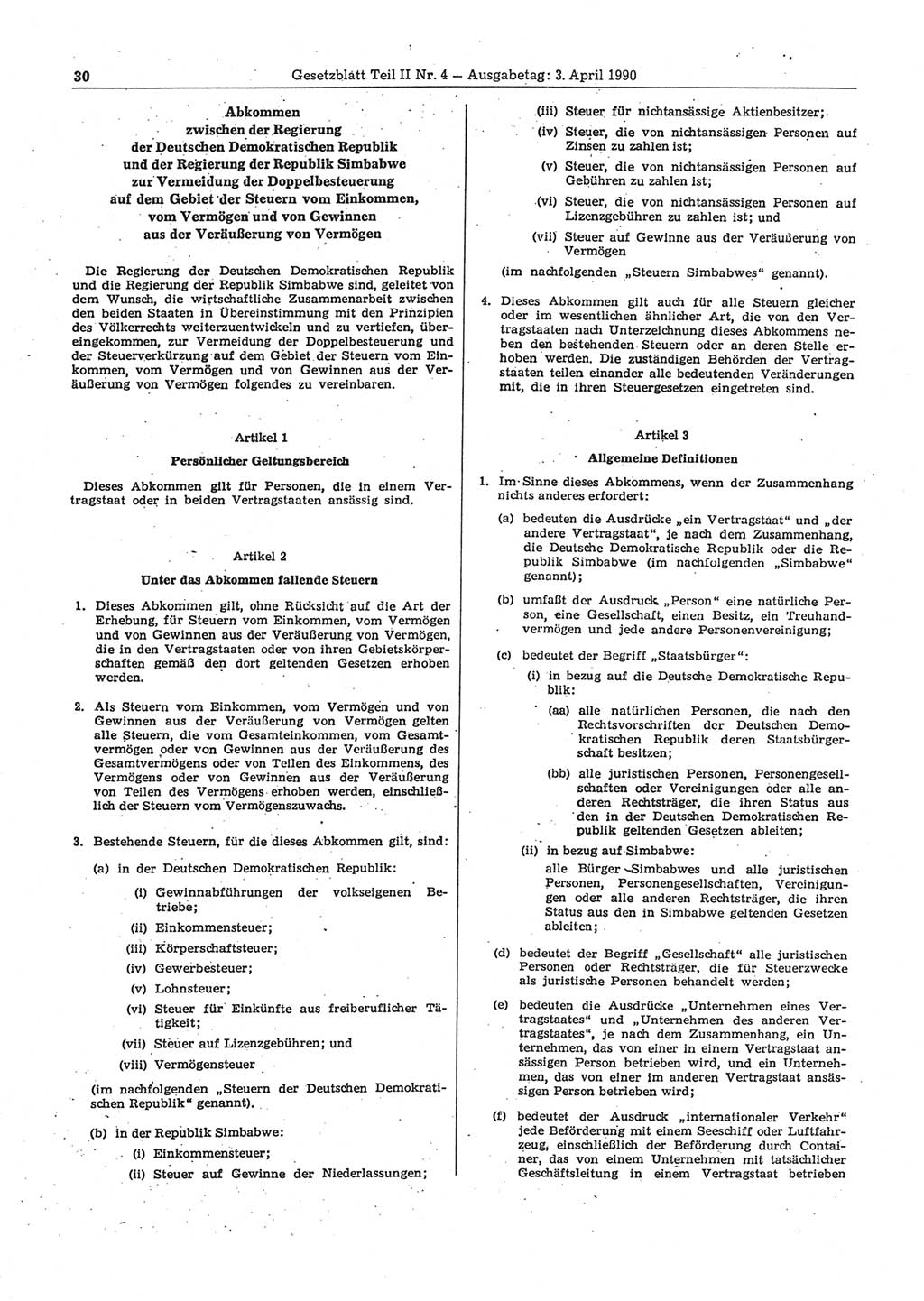Gesetzblatt (GBl.) der Deutschen Demokratischen Republik (DDR) Teil ⅠⅠ 1990, Seite 30 (GBl. DDR ⅠⅠ 1990, S. 30)