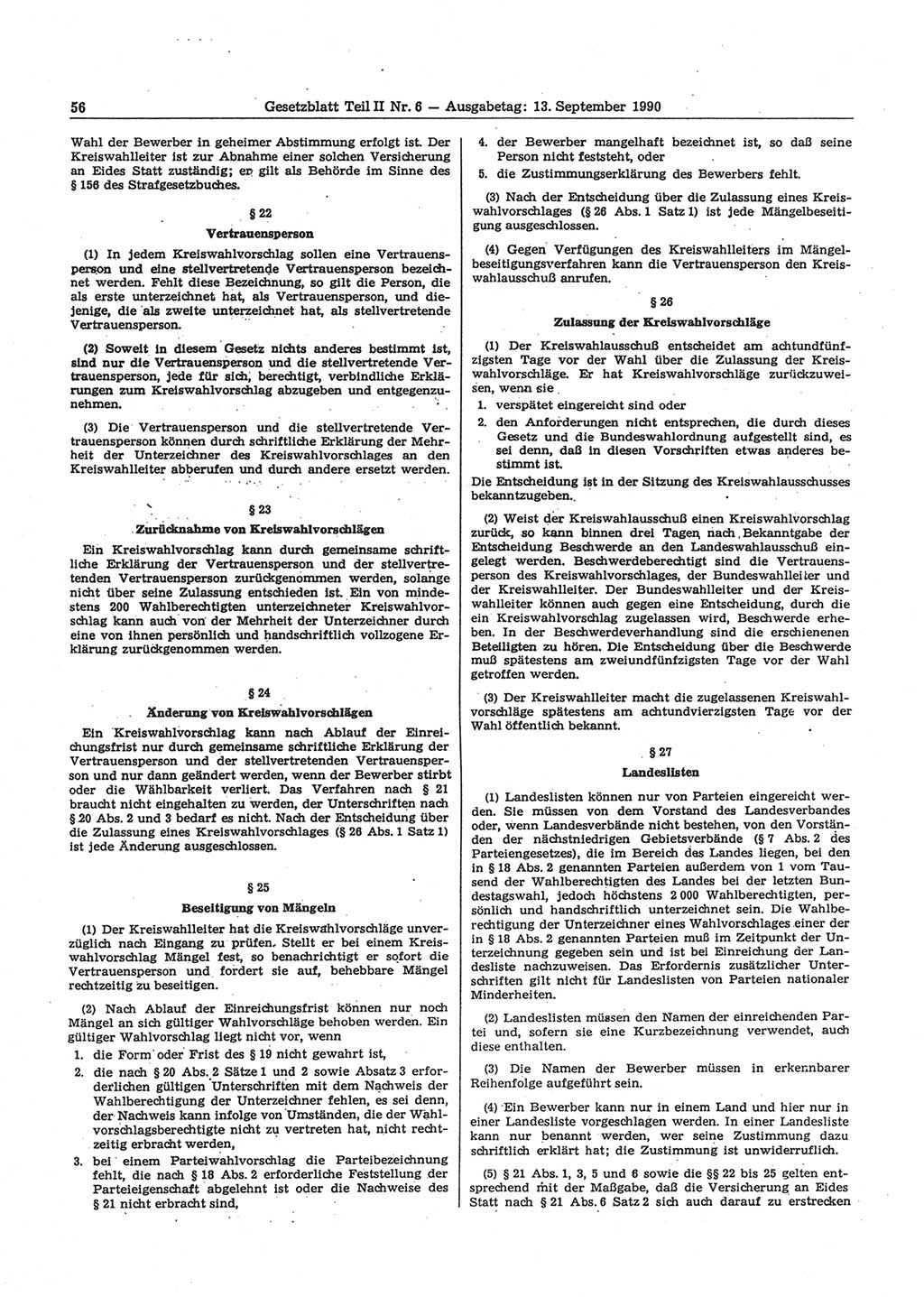 Gesetzblatt (GBl.) der Deutschen Demokratischen Republik (DDR) Teil ⅠⅠ 1990, Seite 56 (GBl. DDR ⅠⅠ 1990, S. 56)