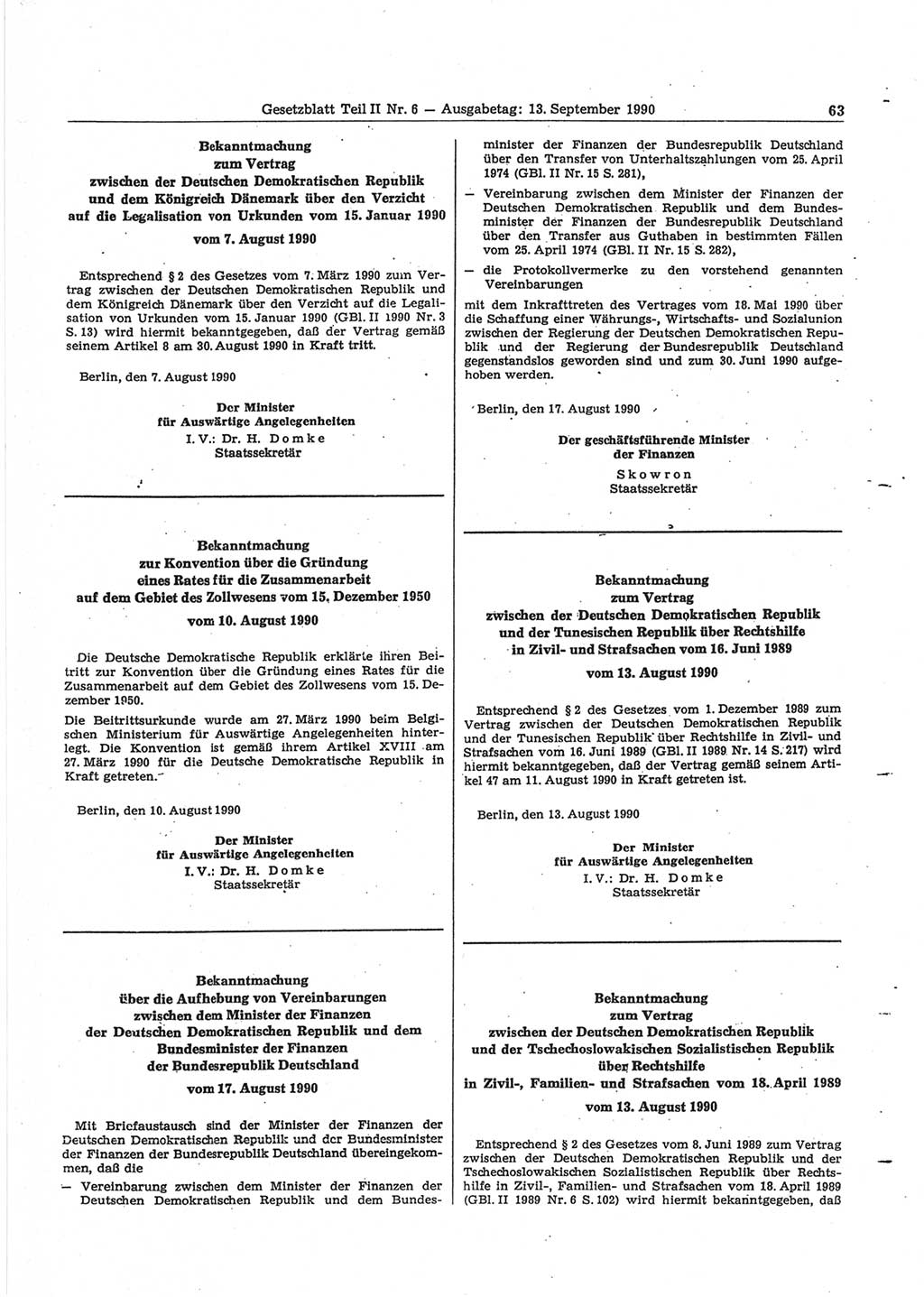 Gesetzblatt (GBl.) der Deutschen Demokratischen Republik (DDR) Teil ⅠⅠ 1990, Seite 63 (GBl. DDR ⅠⅠ 1990, S. 63)