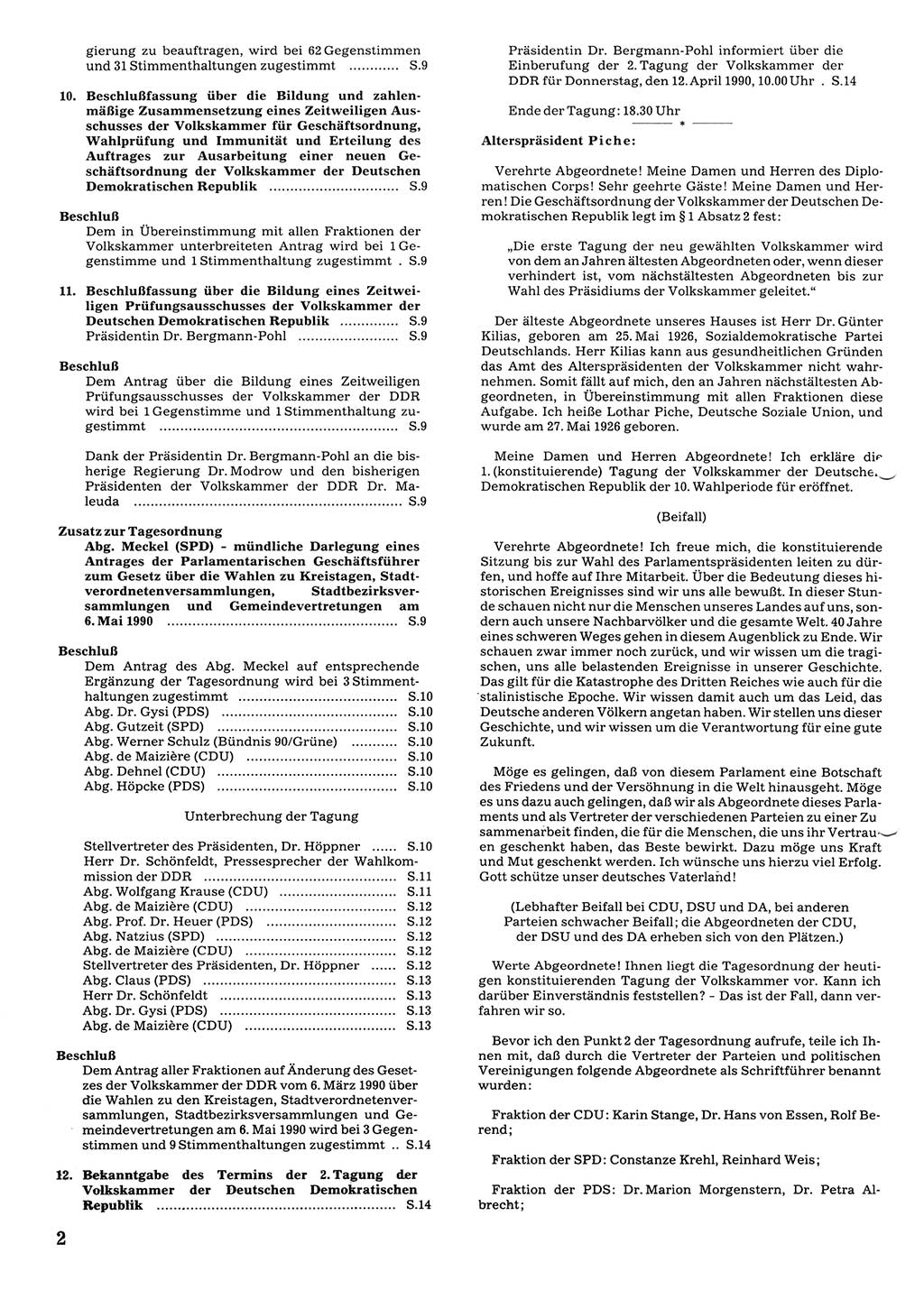 Tagungen der Volkskammer (VK) der Deutschen Demokratischen Republik (DDR), 10. Wahlperiode 1990, Seite 2 (VK. DDR 10. WP. 1990, Prot. Tg. 1-38, 5.4.-2.10.1990, S. 2)