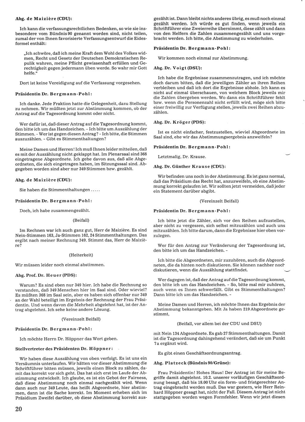 Tagungen der Volkskammer (VK) der Deutschen Demokratischen Republik (DDR), 10. Wahlperiode 1990, Seite 20 (VK. DDR 10. WP. 1990, Prot. Tg. 1-38, 5.4.-2.10.1990, S. 20)